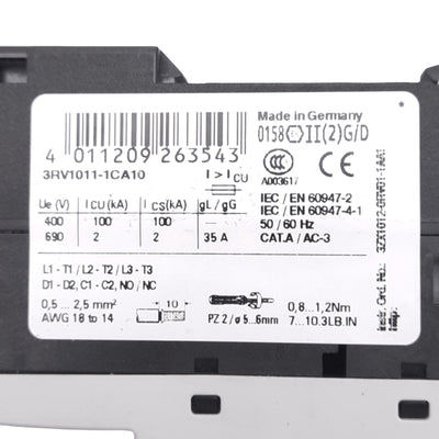 New – Open box Siemens 3RV1011-1CA10 Motor Circuit Breaker, 1.8-2.5A, 1NC 1NO Aux, 690VAC