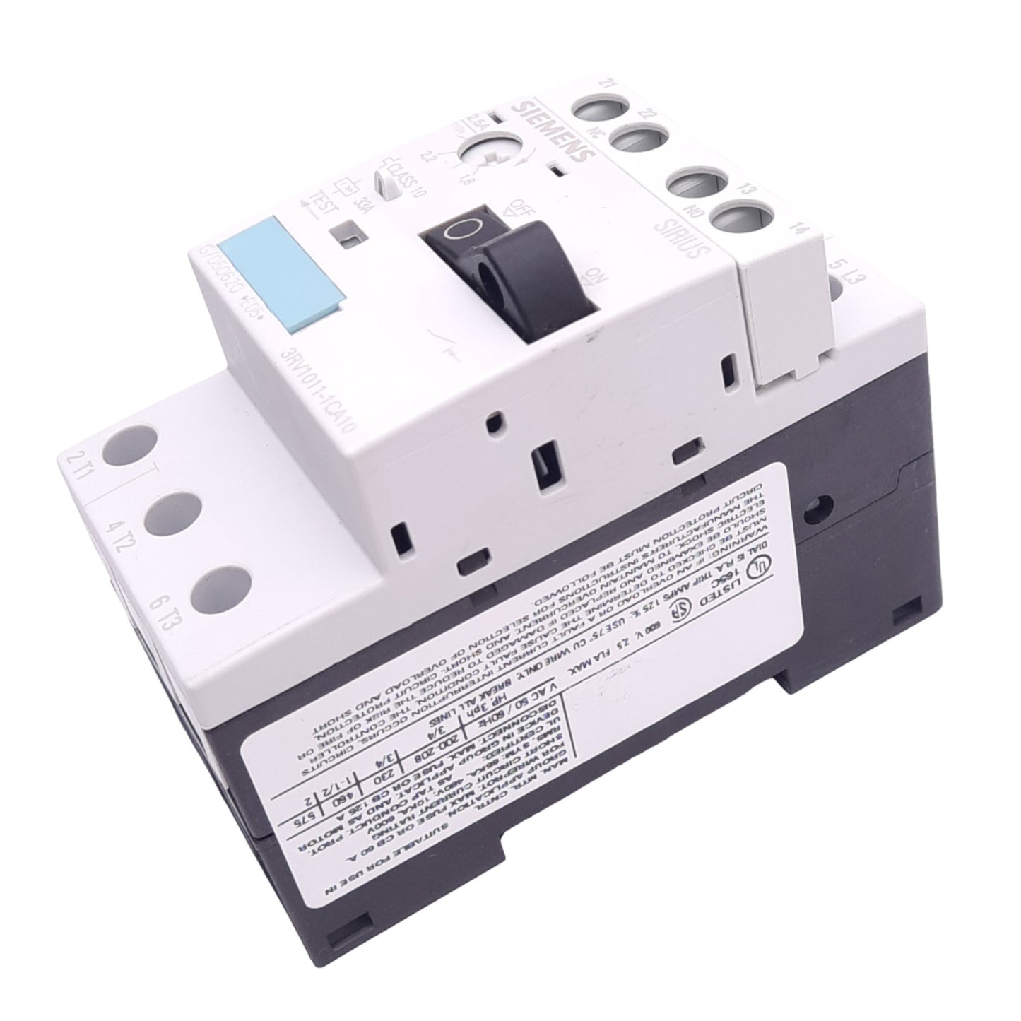 New – Open box Siemens 3RV1011-1CA10 Motor Circuit Breaker, 1.8-2.5A, 1NC 1NO Aux, 690VAC