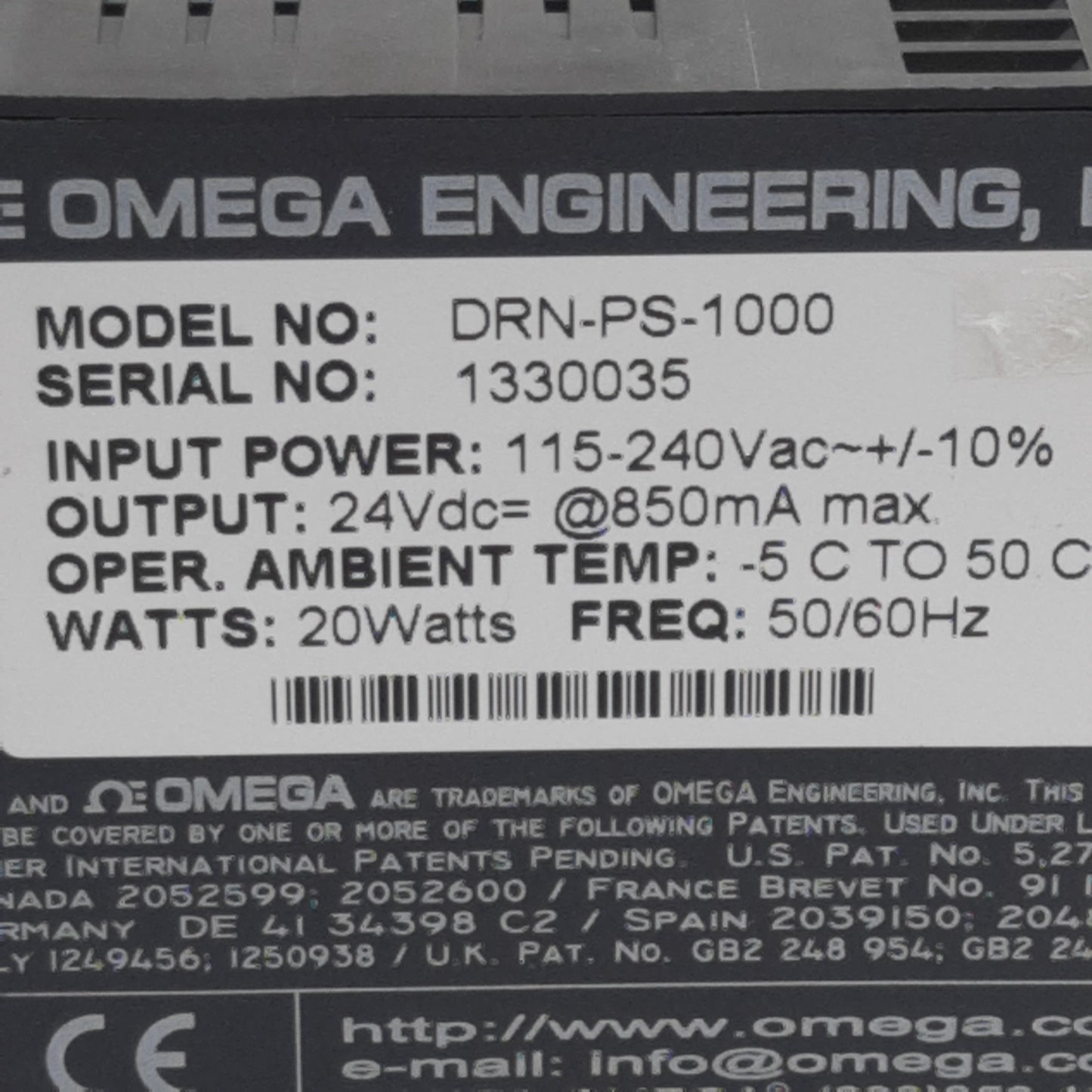 Used Omega Engineering DRN-PS-1000 Power Supply, 115-240VAC In, 850mA 24VDC Out