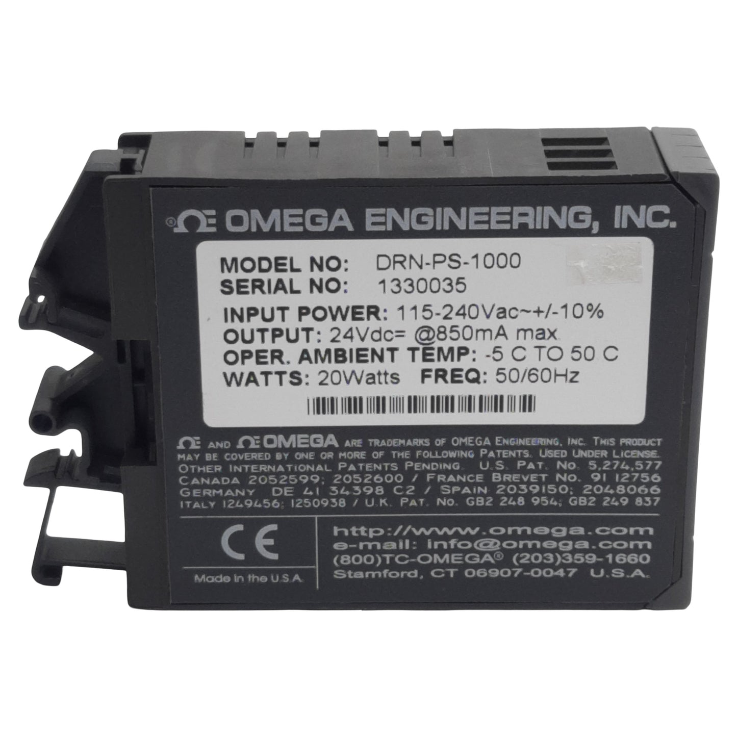Used Omega Engineering DRN-PS-1000 Power Supply, 115-240VAC In, 850mA 24VDC Out