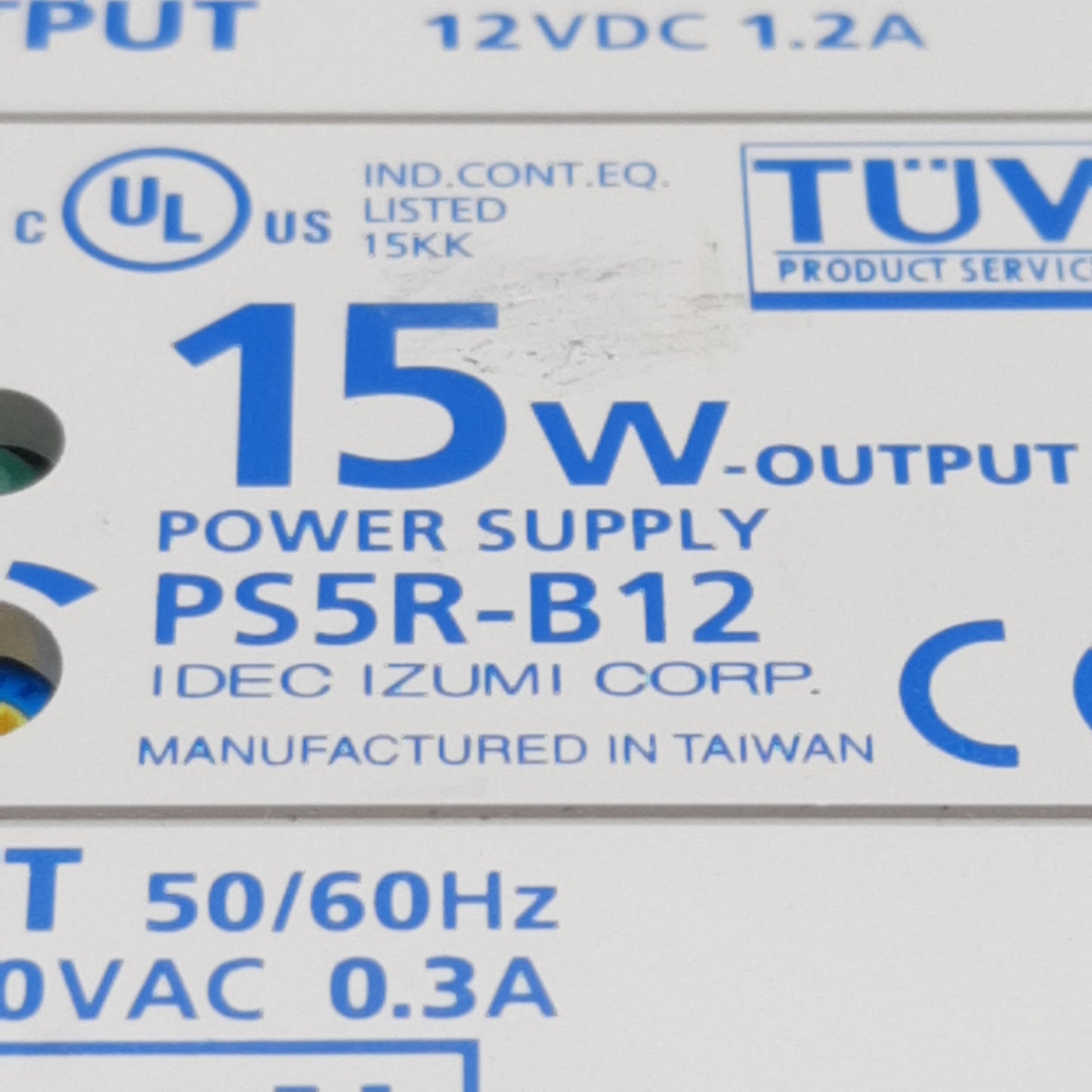 Used Idec PS5R-B12 Power Supply, 100-240VAC In, 1.2A 12VDC 15W Out, DIN Rail