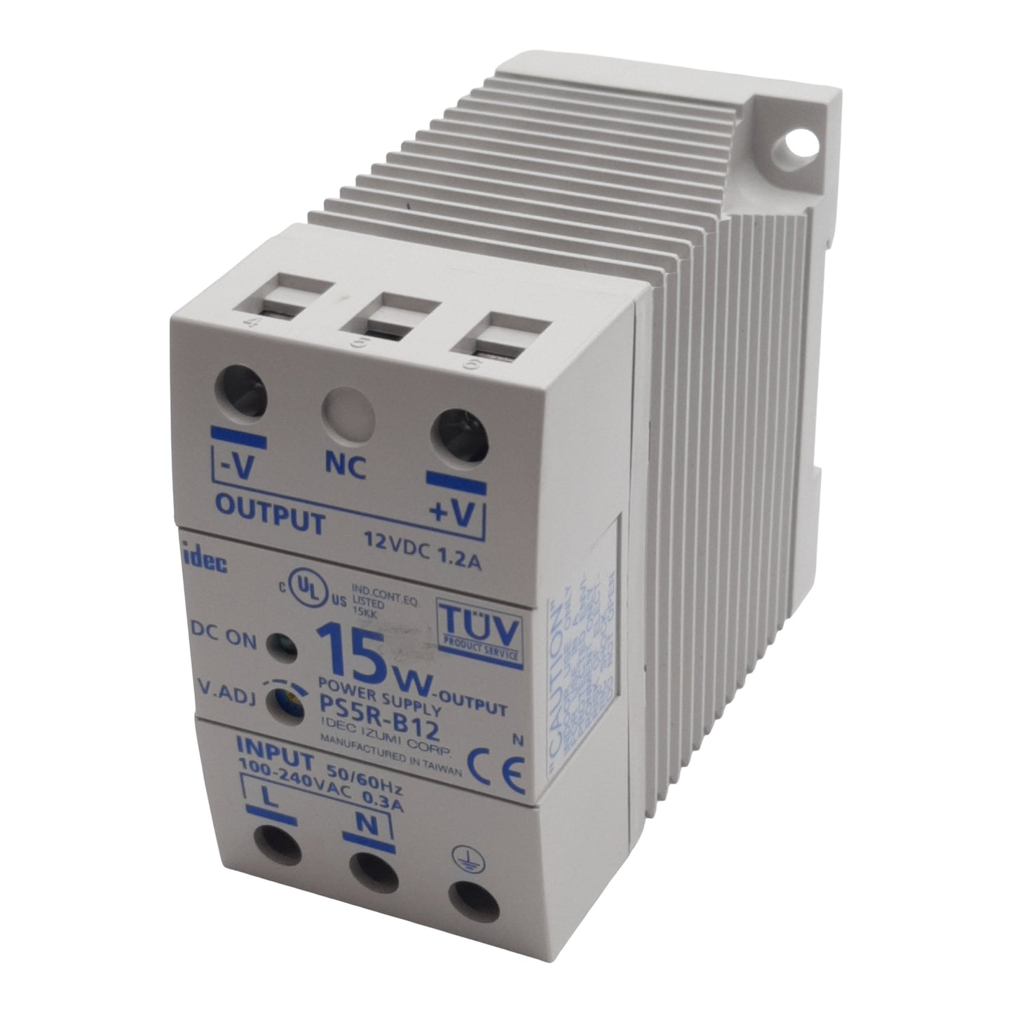 Used Idec PS5R-B12 Power Supply, 100-240VAC In, 1.2A 12VDC 15W Out, DIN Rail