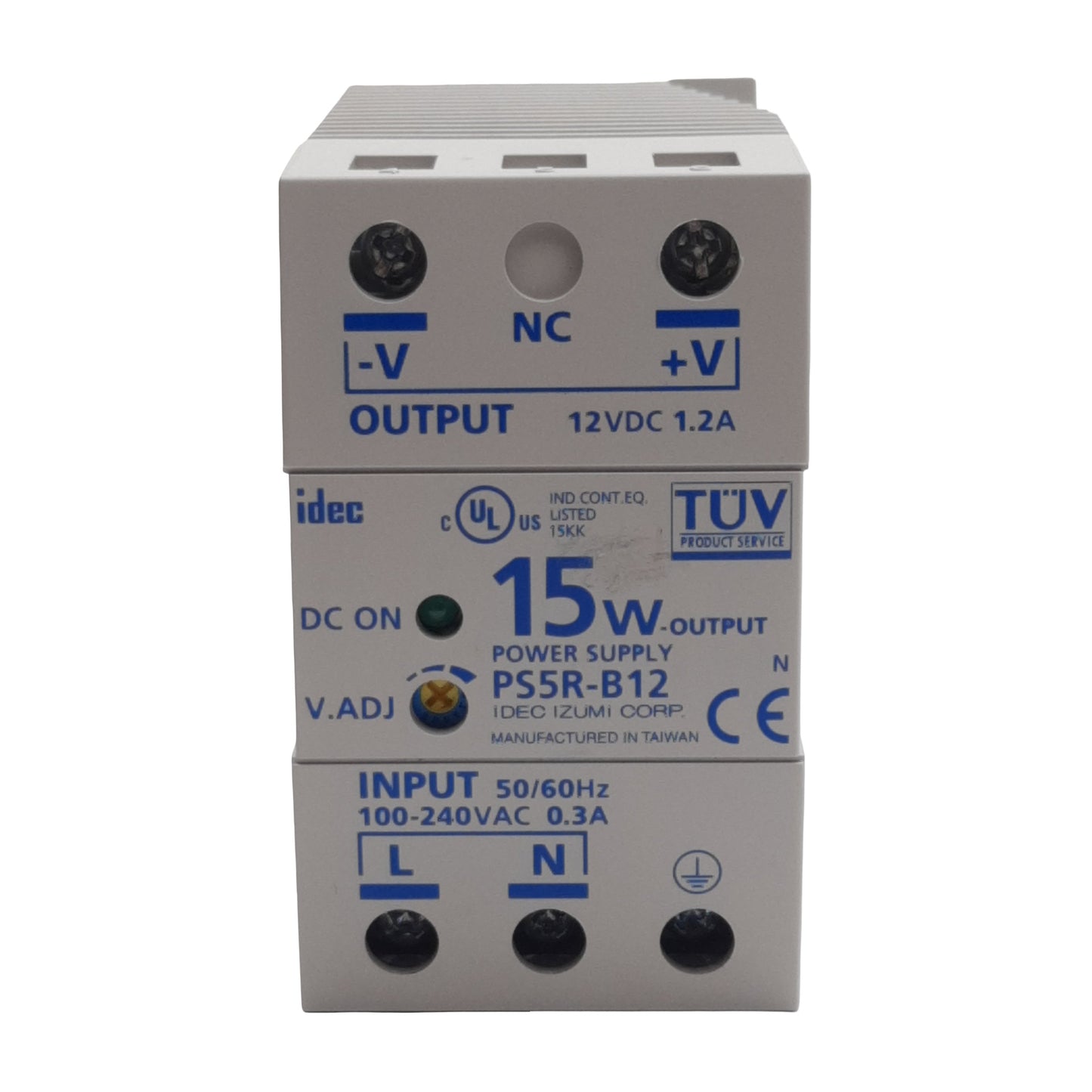 Used Idec PS5R-B12 Power Supply, 100-240VAC In, 1.2A 12VDC 15W Out, DIN Rail