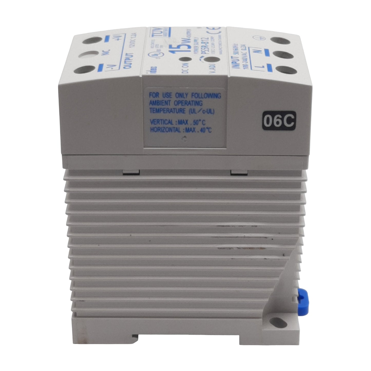 Used Idec PS5R-B12 Power Supply, 100-240VAC In, 1.2A 12VDC 15W Out, DIN Rail