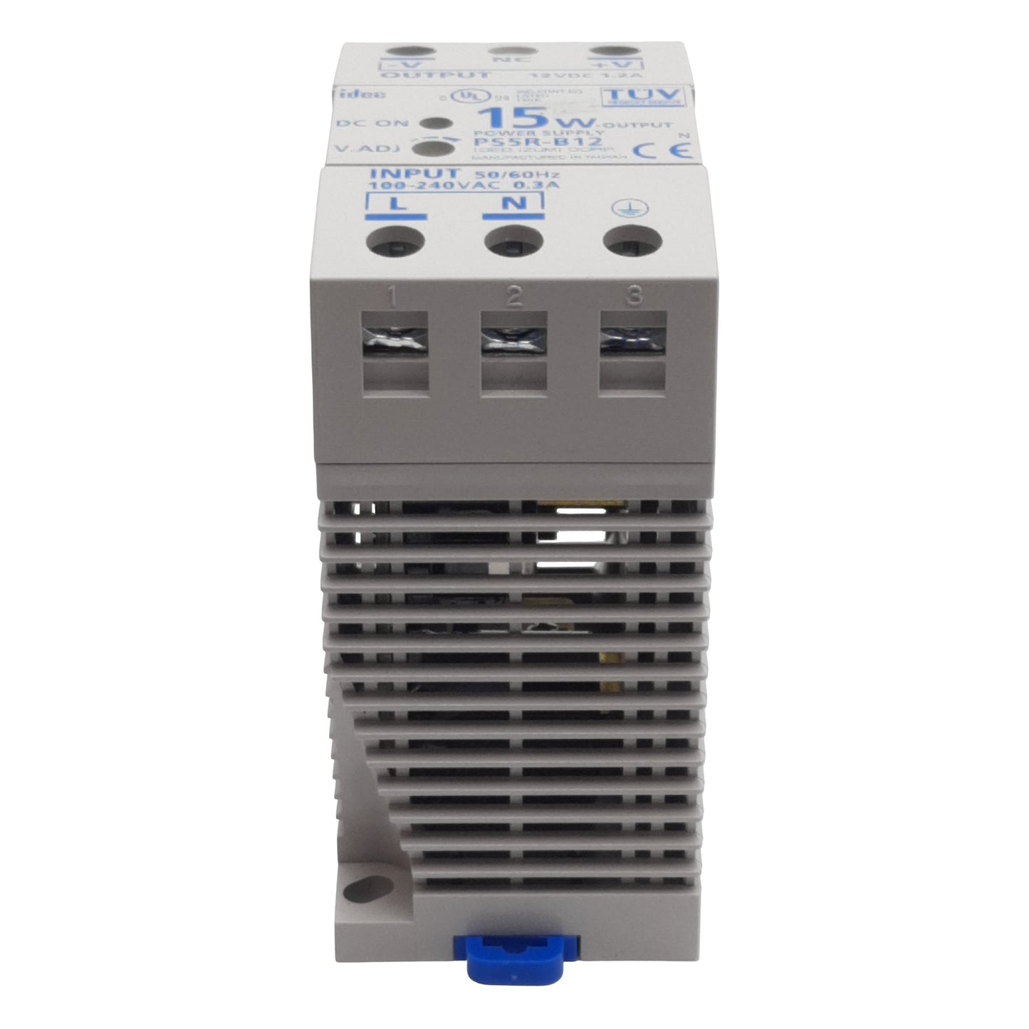 Used Idec PS5R-B12 Power Supply, 100-240VAC In, 1.2A 12VDC 15W Out, DIN Rail