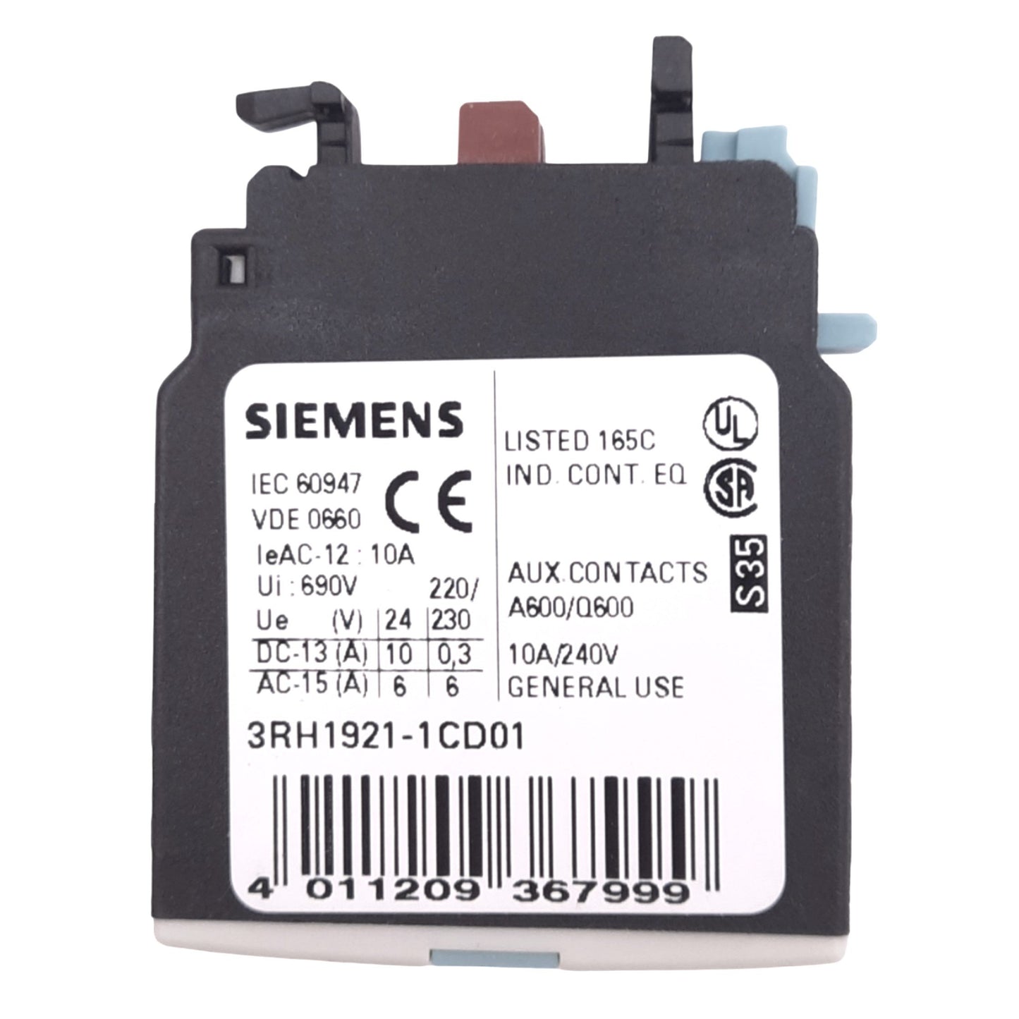 New Siemens 3RH1921-1CD01 Front Auxiliary Contact Block, 1NC, 690VAC 10A Max