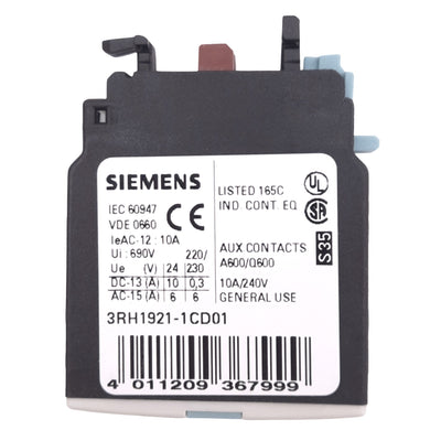 New Siemens 3RH1921-1CD01 Front Auxiliary Contact Block, 1NC, 690VAC 10A Max