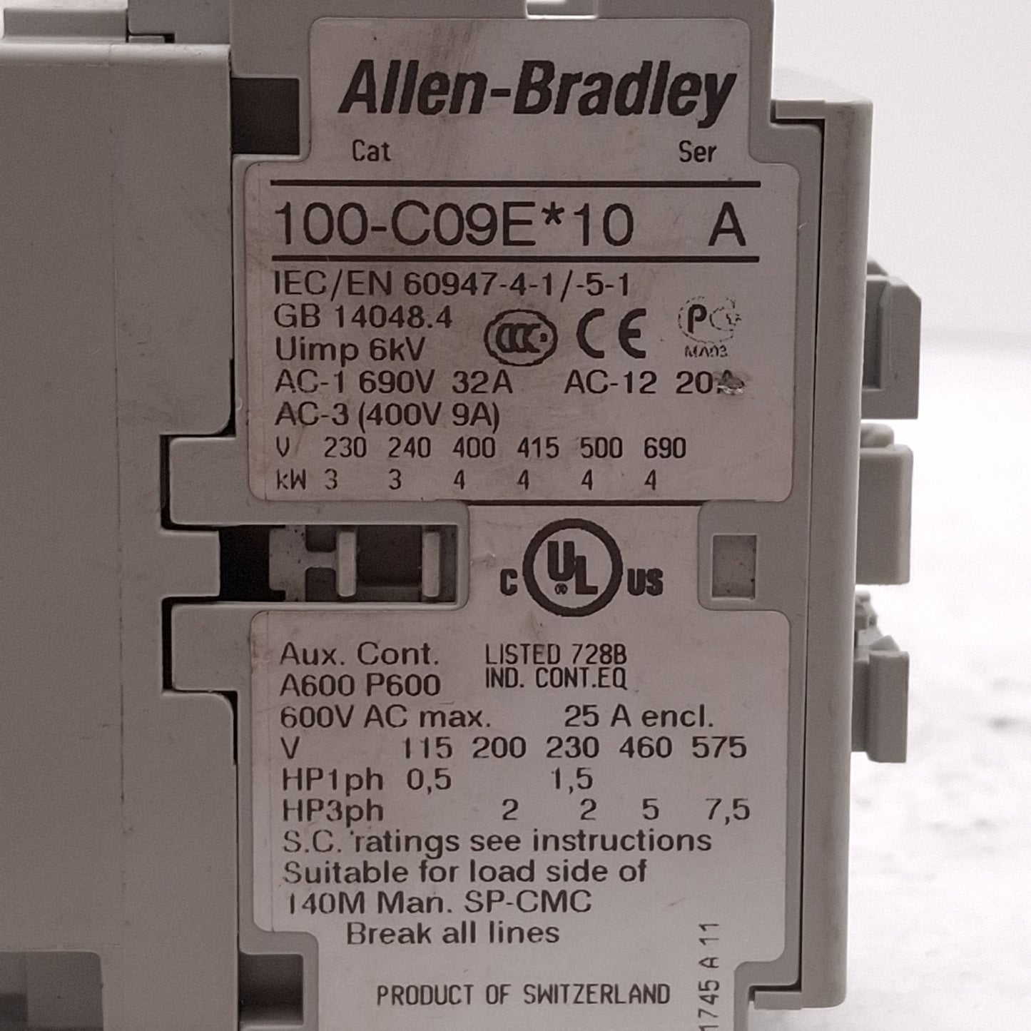 Used Allen Bradley 100-C09EJ10 Contactor 3-Pole + 1NO, 9A, 7.5HP @ 575VAC, 24VDC Coil