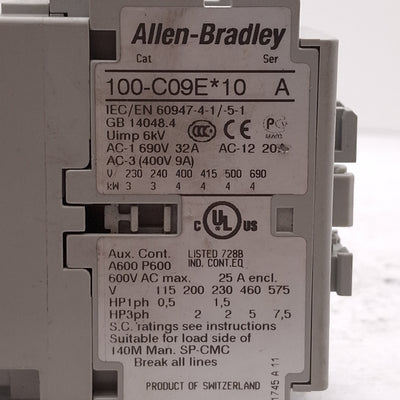 Used Allen Bradley 100-C09EJ10 Contactor 3-Pole + 1NO, 9A, 7.5HP @ 575VAC, 24VDC Coil