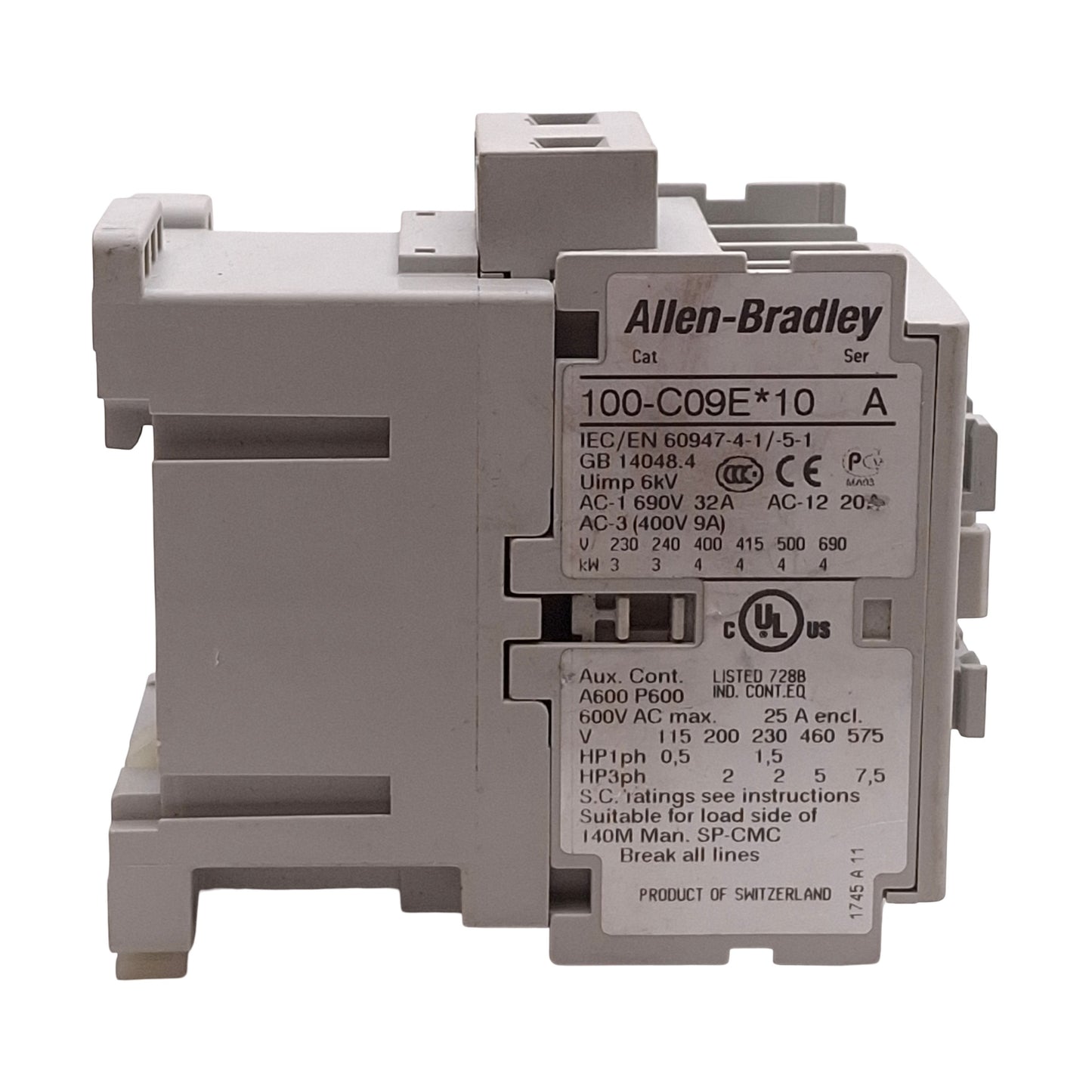 Used Allen Bradley 100-C09EJ10 Contactor 3-Pole + 1NO, 9A, 7.5HP @ 575VAC, 24VDC Coil