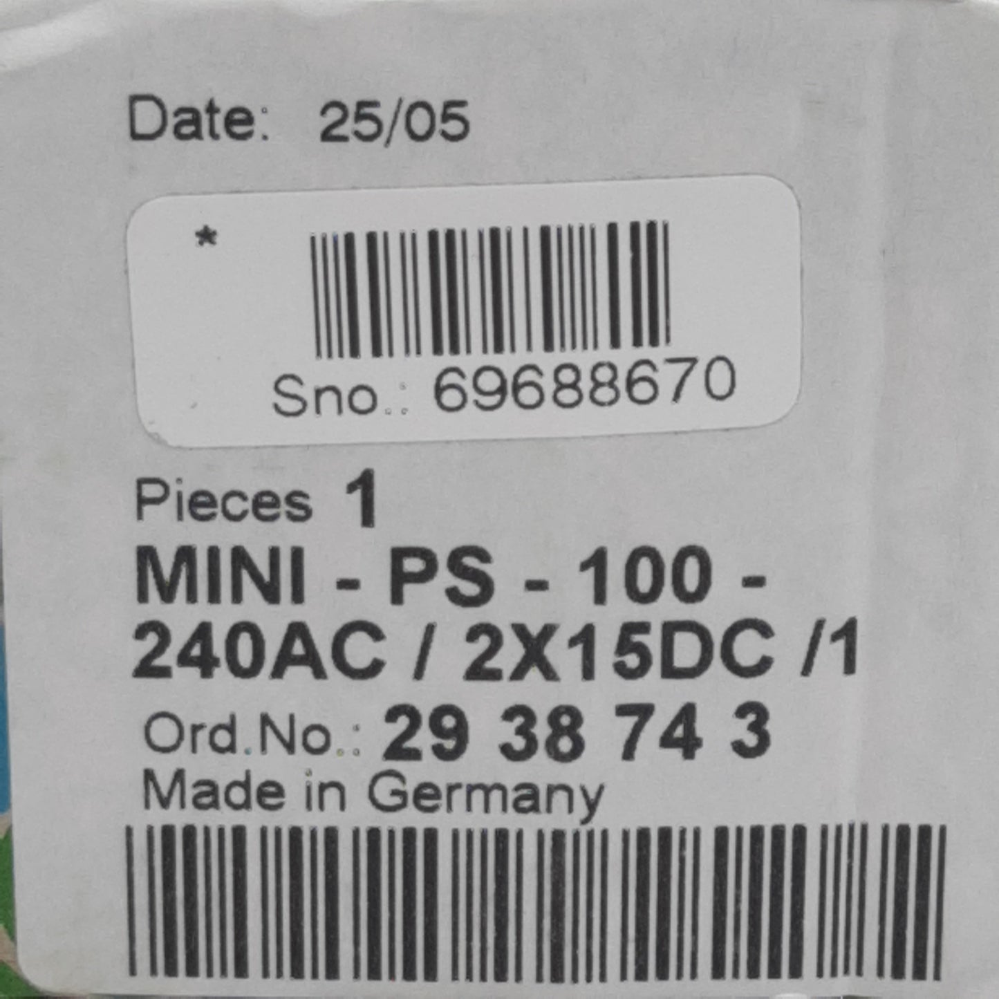 New Phoenix Contact 2938743 Power Supply, 240VAC/350VDC In, 1A ±15VDC Out, DIN Rail