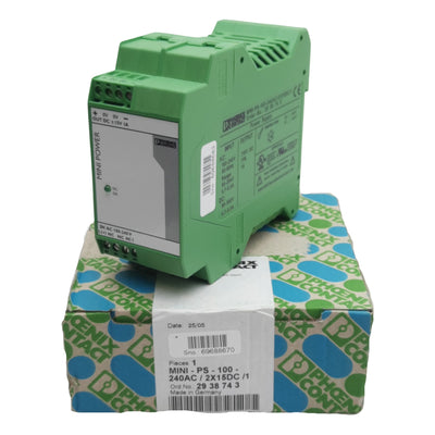 New Phoenix Contact 2938743 Power Supply, 240VAC/350VDC In, 1A ±15VDC Out, DIN Rail
