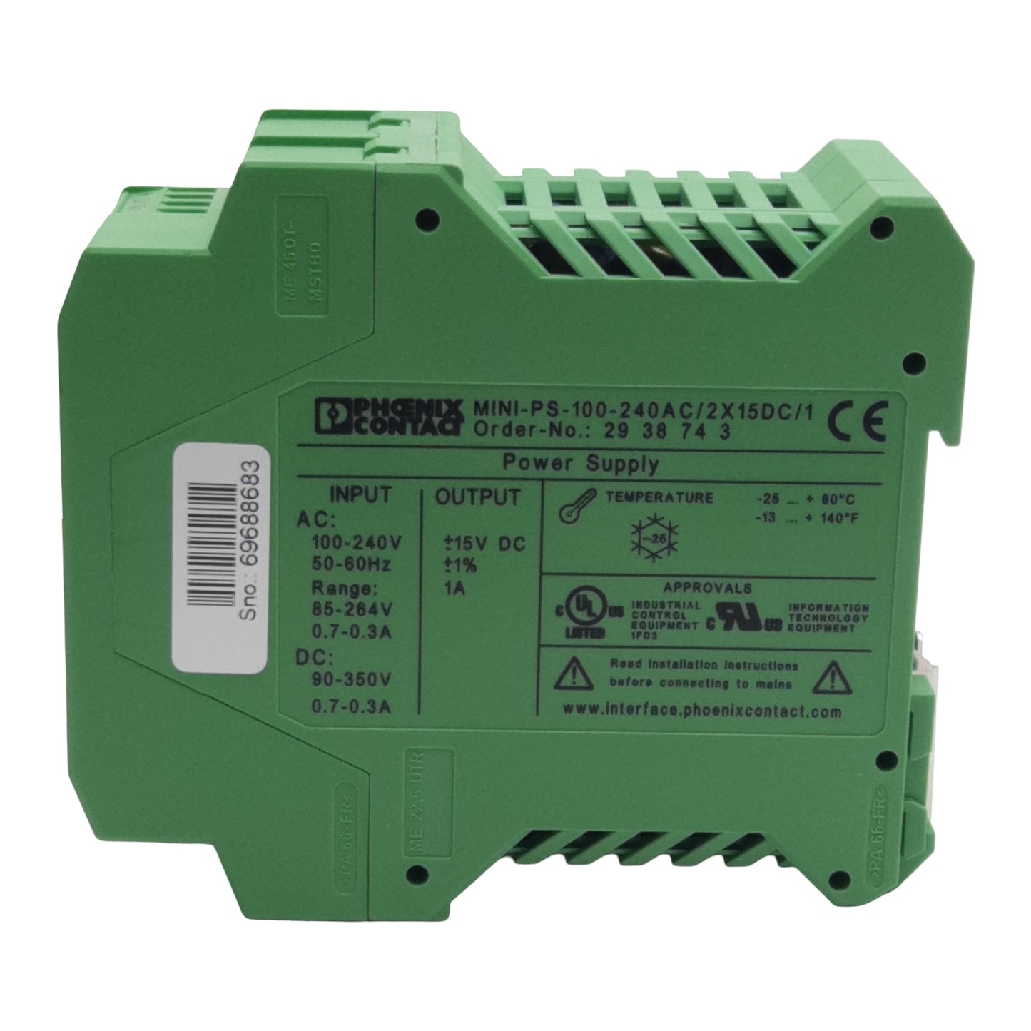 New Phoenix Contact 2938743 Power Supply, 240VAC/350VDC In, 1A ±15VDC Out, DIN Rail