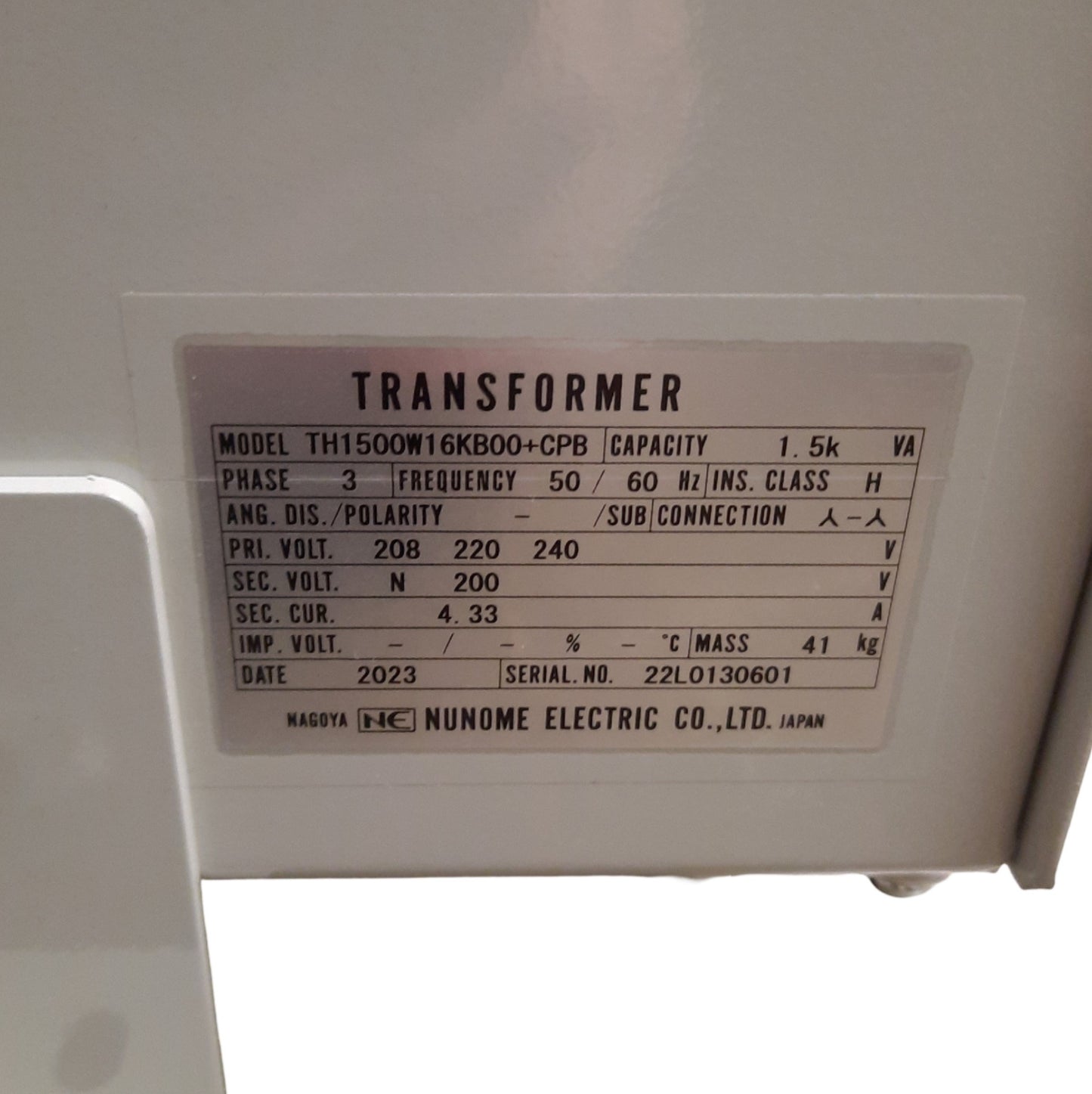 Used Nunome Electric TH1500W16KB00+CPB Enclosed Transformer 3-Phase, 1.5kVA, 200V Sec
