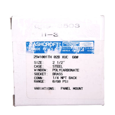 New Ashcroft 25W1001TH02BXUC60# Pneumatic Pressure Gauge, 0-60psi, ø2-1/2", 1/4" NPT
