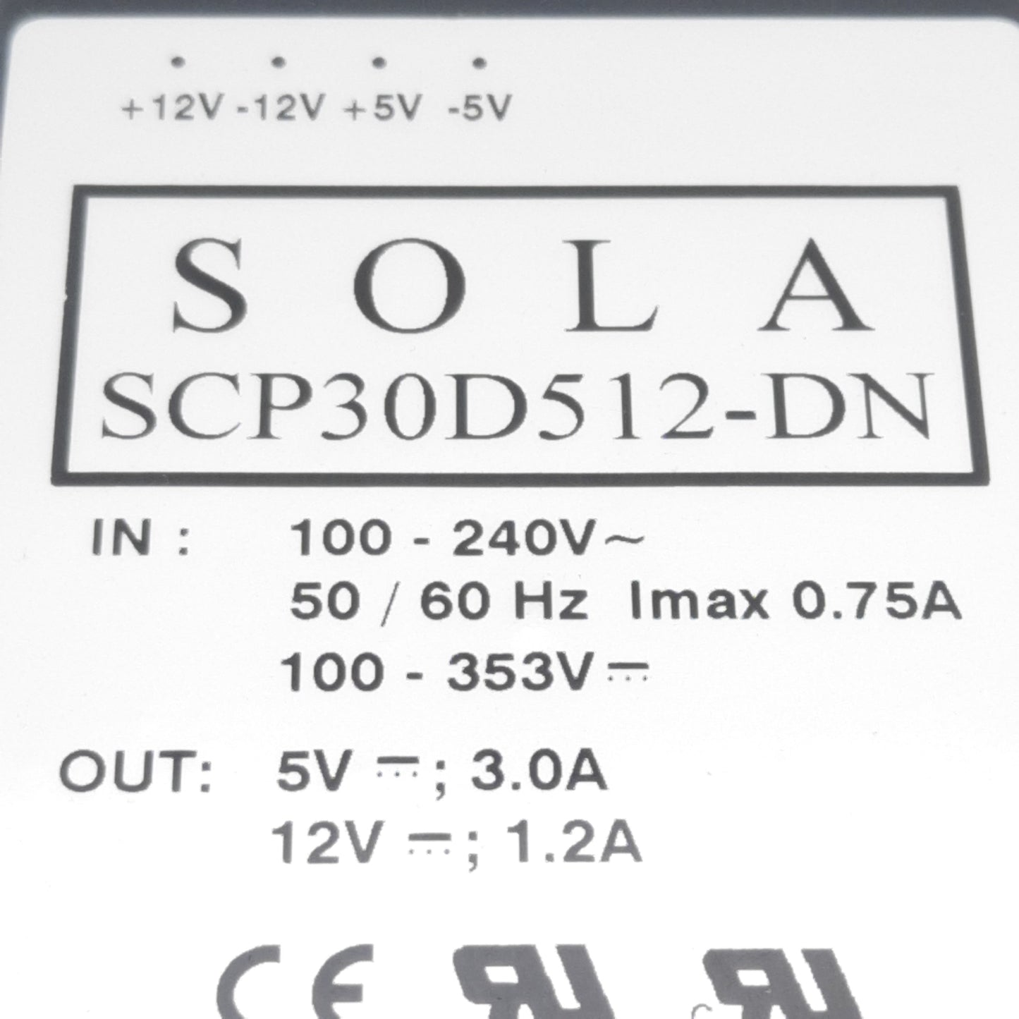 Used SolaHD SCP30D512-DN Power Supply, 240VAC/353VDC In, 1.2/3A 12/5VDC Out, DIN Rail