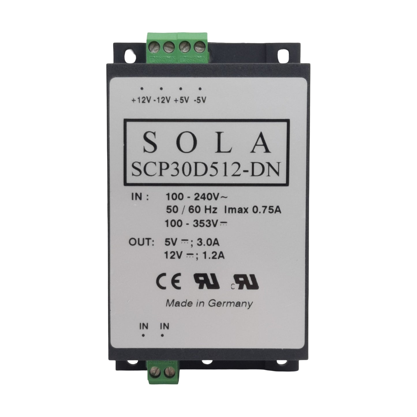 Used SolaHD SCP30D512-DN Power Supply, 240VAC/353VDC In, 1.2/3A 12/5VDC Out, DIN Rail