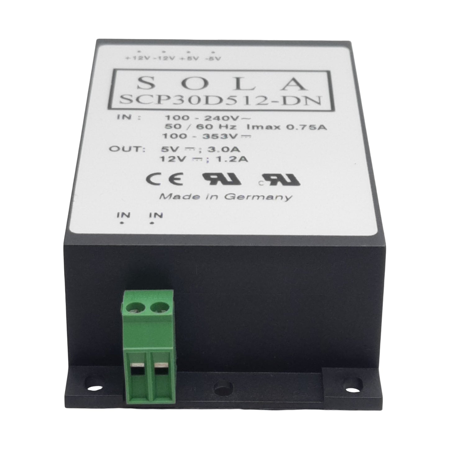 Used SolaHD SCP30D512-DN Power Supply, 240VAC/353VDC In, 1.2/3A 12/5VDC Out, DIN Rail