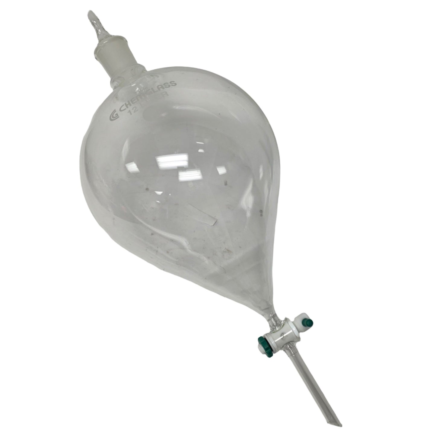 New – Open box Chemglass CG-1739-06 Globe Shaped Separatory Funnel 12L, 45/50 Neck, 10mm Stpk