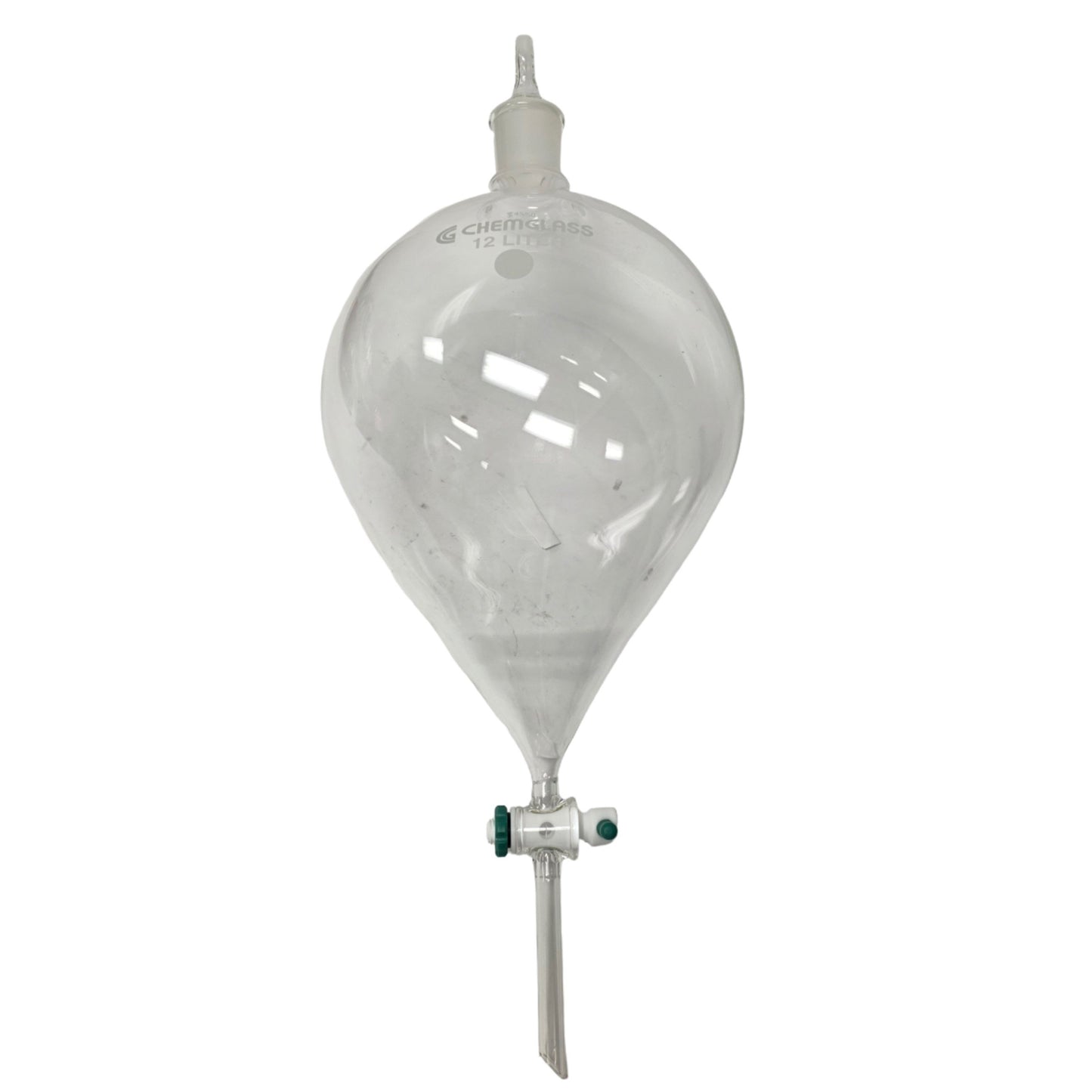 New – Open box Chemglass CG-1739-06 Globe Shaped Separatory Funnel 12L, 45/50 Neck, 10mm Stpk