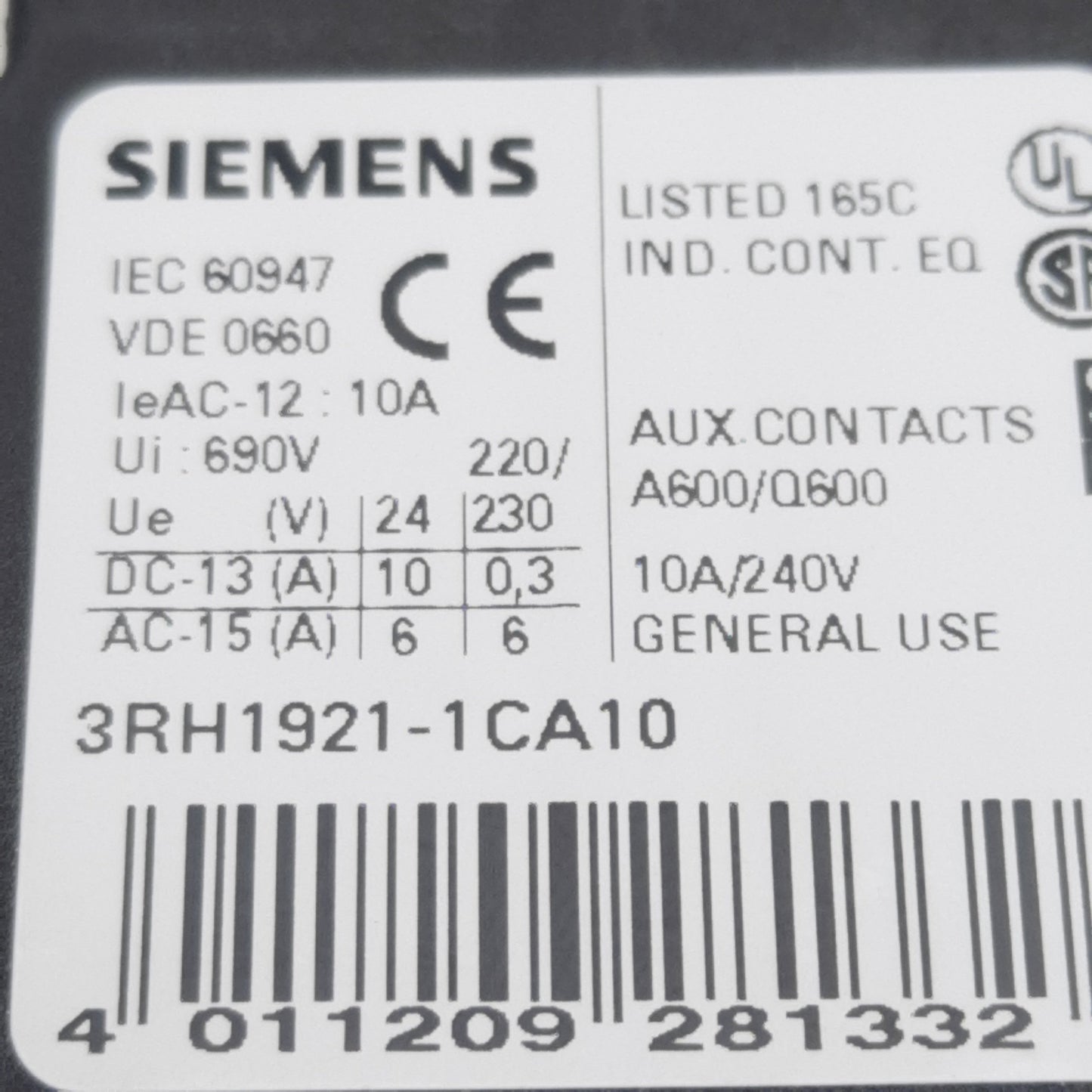New Lot of 2 Siemens 3RH1921-1EA10 Auxiliary Contact Block, 1-Pole, 1N.O, 10A 600VAC