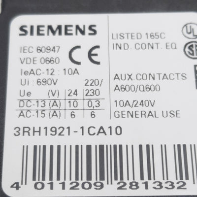 New Lot of 2 Siemens 3RH1921-1EA10 Auxiliary Contact Block, 1-Pole, 1N.O, 10A 600VAC