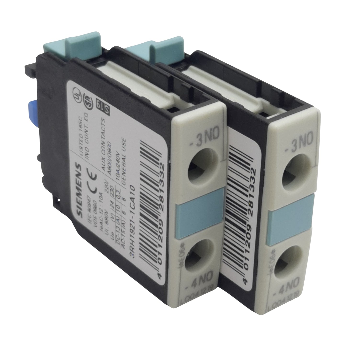 New Lot of 2 Siemens 3RH1921-1EA10 Auxiliary Contact Block, 1-Pole, 1N.O, 10A 600VAC