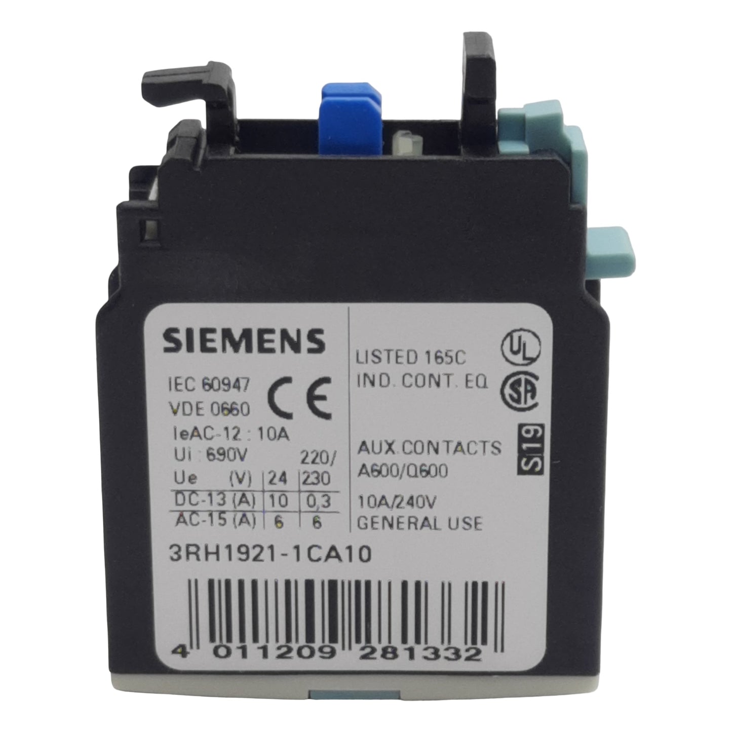 New Lot of 2 Siemens 3RH1921-1EA10 Auxiliary Contact Block, 1-Pole, 1N.O, 10A 600VAC