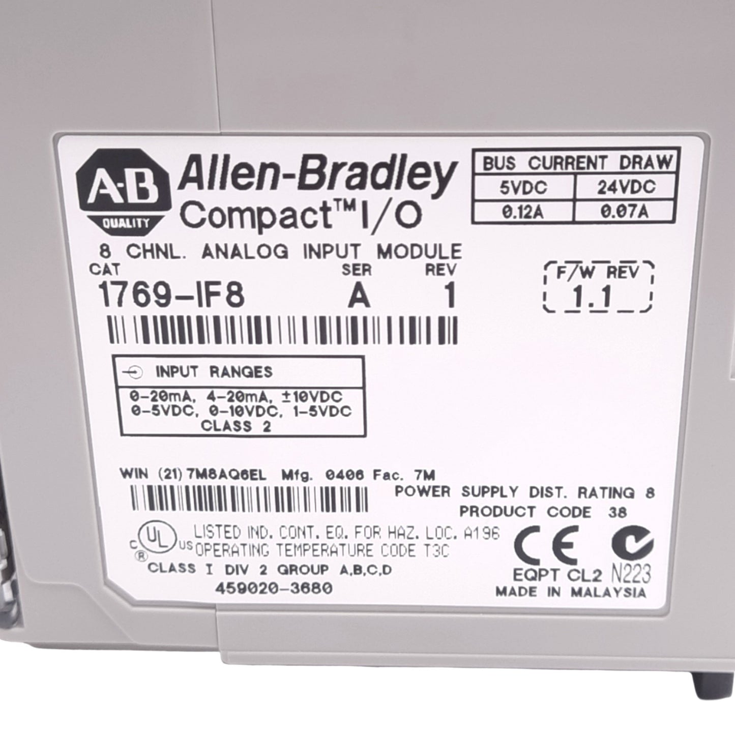 Used Allen Bradley 1769-IF8 CompactLogix Analog Input Module, 8-Channel, 24VDC