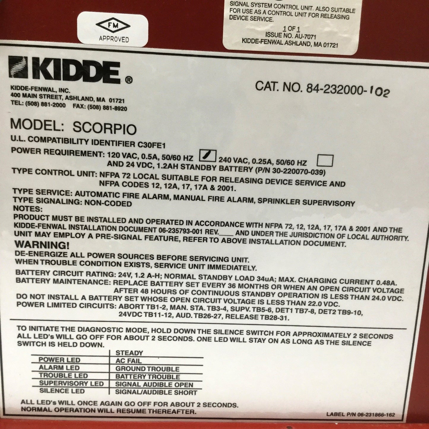 Used Kidde Fenwal 84-232000-102 Scorpio Fire Suppression Control Panel *Missing Key*