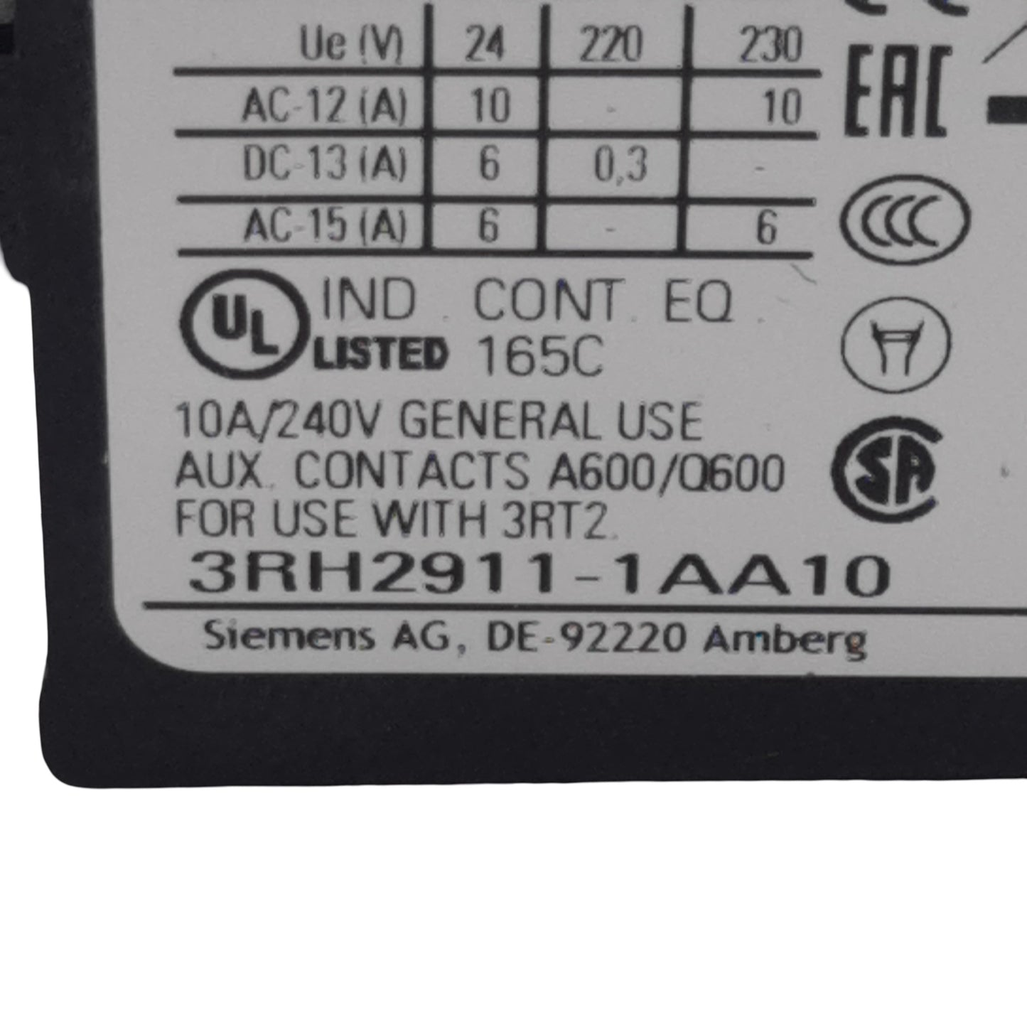 Used Siemens 3RH2911-1AA10 Auxiliary Contact Block, 1-Pole, 1N.O., 10A 600VAC