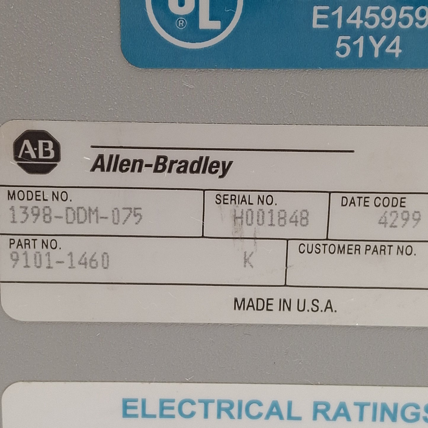 Used Allen Bradley 1398-DDM-075 Ultra Series Servo Drive, 75A, 120/240VAC, 0-400Hz