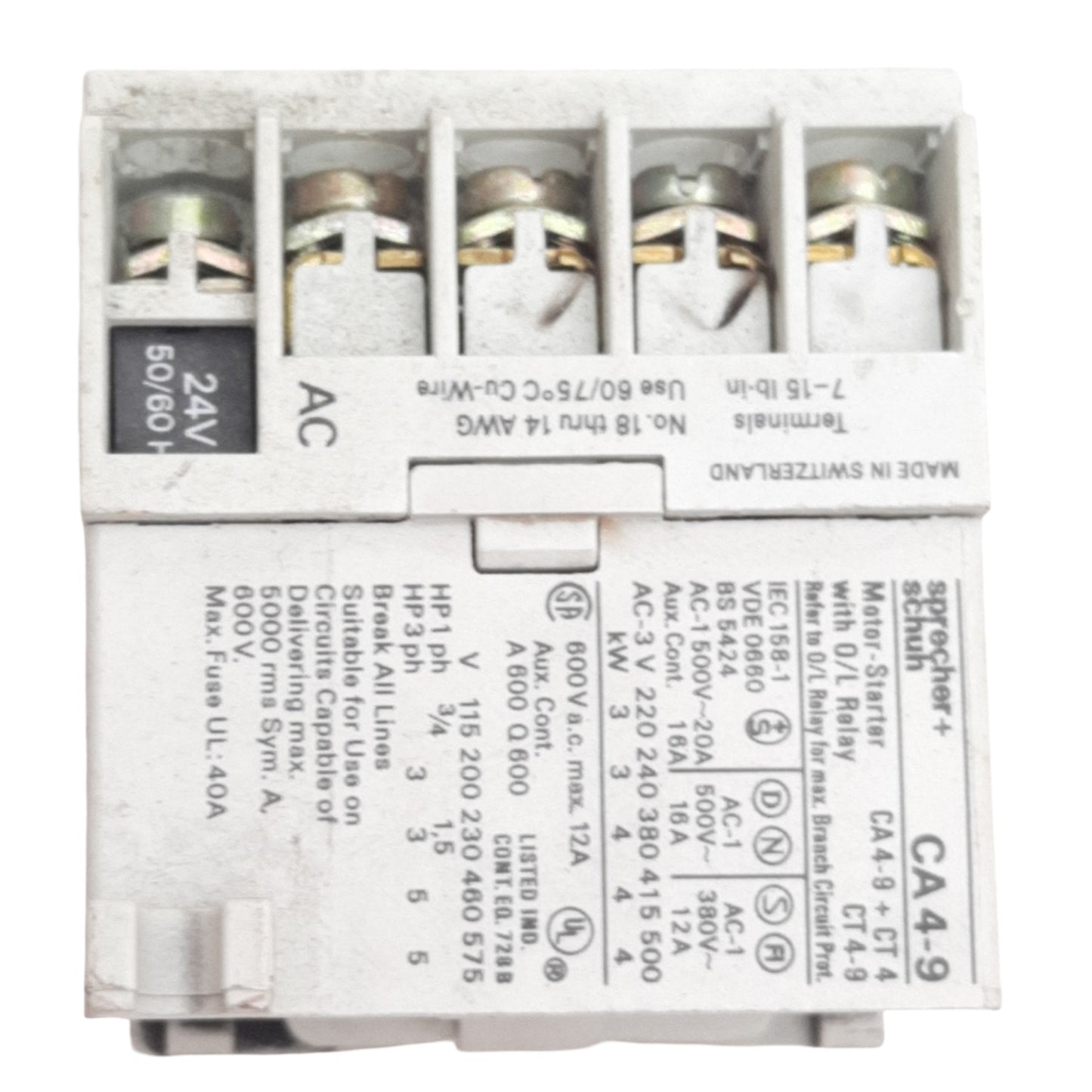 Used SPRECHER & SCHUH CA4-9-0124 Contactor, 3-Pole 1 N/C Aux, Coil: 110-120VAC