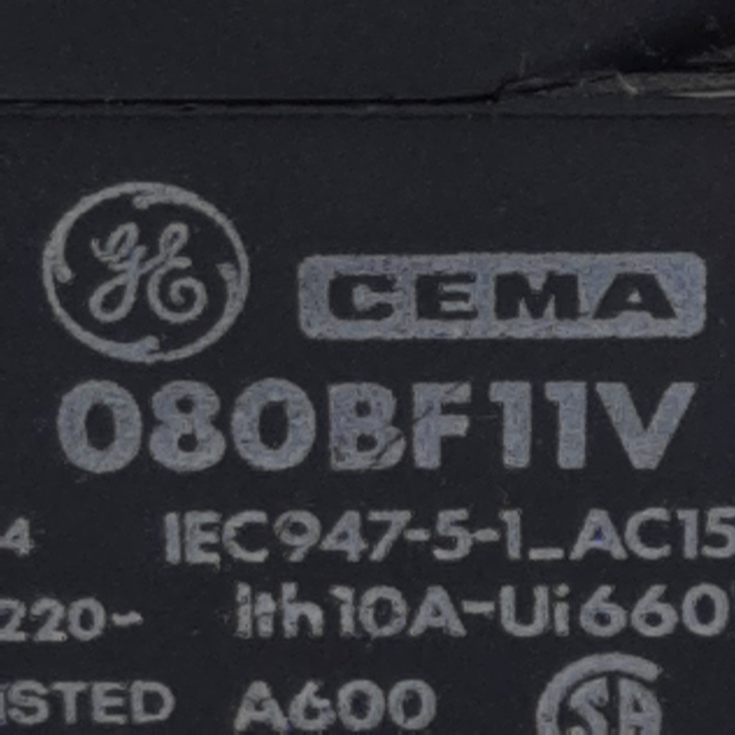 Used General Electric 080BF11V Pushbutton Contact Block, 1NO + 1NC, 10A 600VAC, 22mm