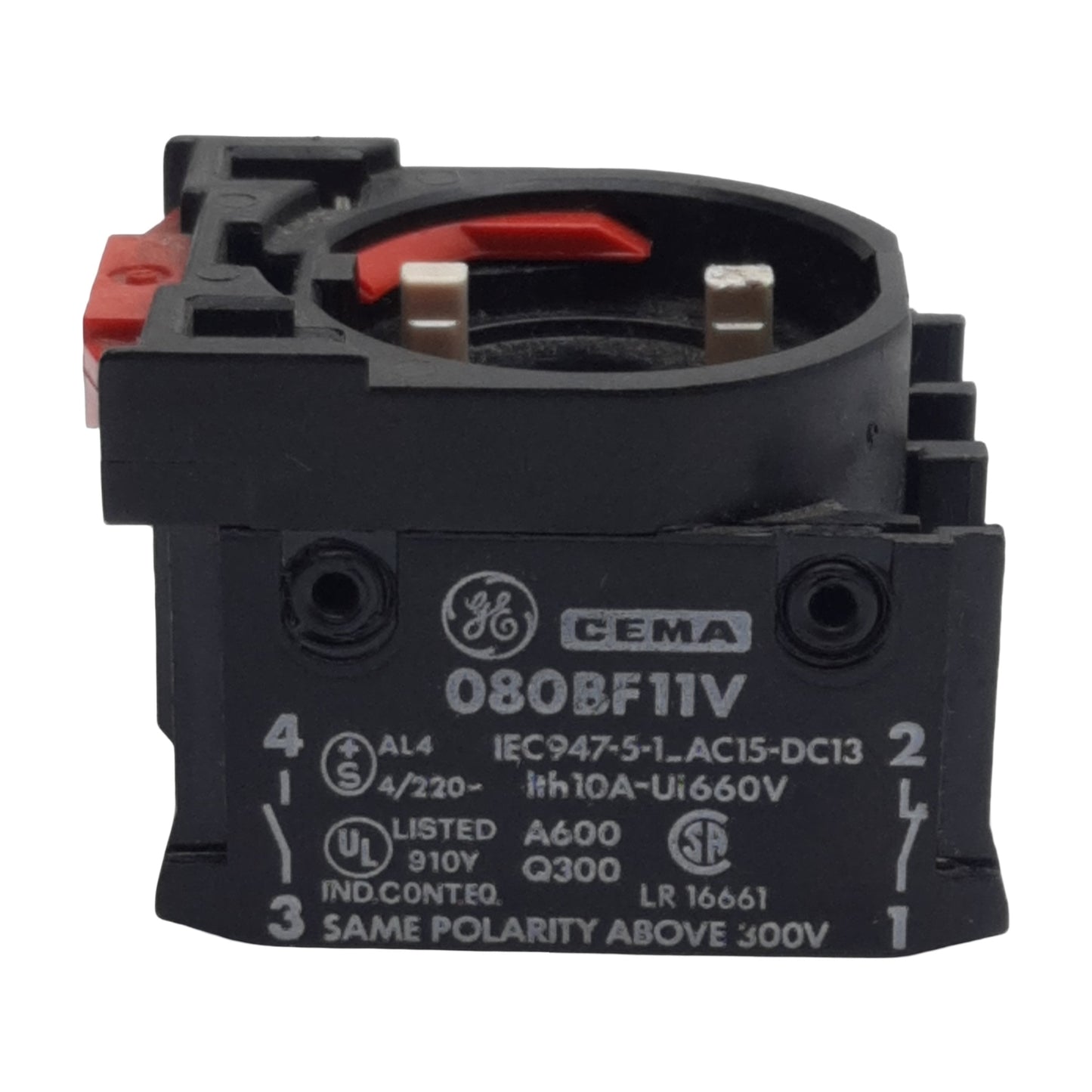 Used General Electric 080BF11V Pushbutton Contact Block, 1NO + 1NC, 10A 600VAC, 22mm