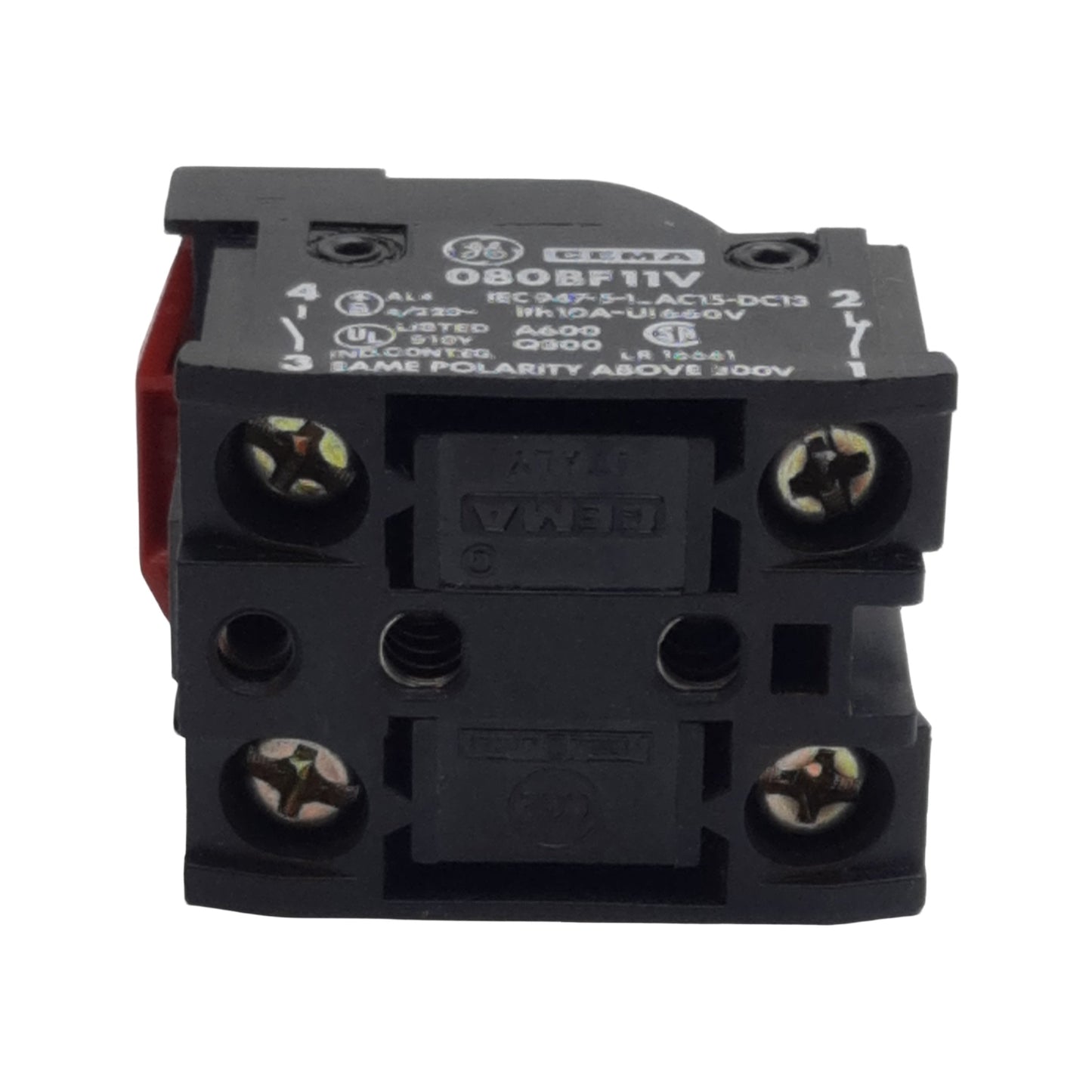Used General Electric 080BF11V Pushbutton Contact Block, 1NO + 1NC, 10A 600VAC, 22mm