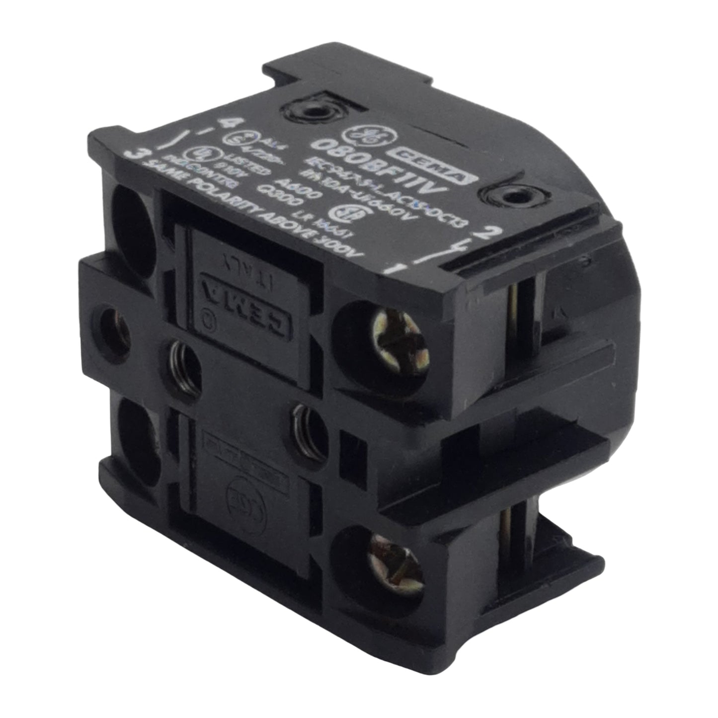 Used General Electric 080BF11V Pushbutton Contact Block, 1NO + 1NC, 10A 600VAC, 22mm
