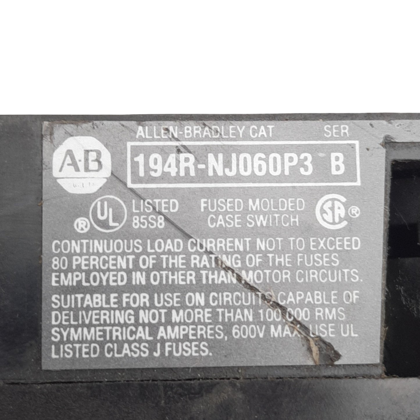 Used Allen Bradley 194R-NJ060P3 SER. B Disconnect Switch, 60A, 600VAC/250VDC, 3 Pole