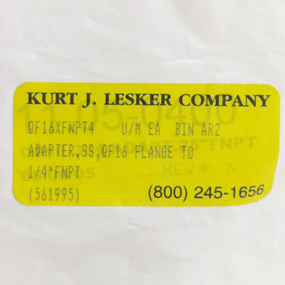 New Kurt J Lesker QF16XFNPT4 Sanitary Flange Adapter, 1/4in NPT to QF16 Flange
