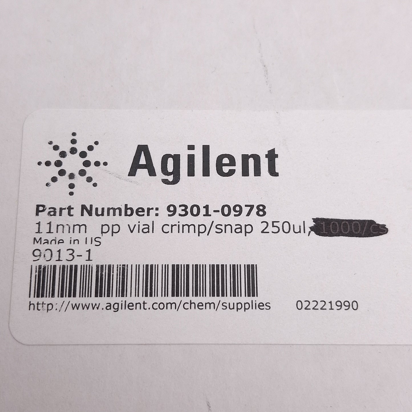 New Lot of 100 Agilent 9301-0978 Polypropylene Vials, 250µL, ø12 x 32mm, Crimp/Snap