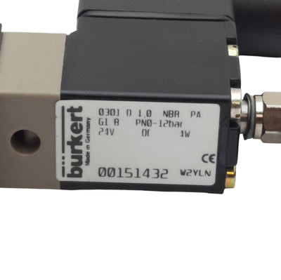 New Burkert 030101.0 Mini Solenoid Valve, 3/2 Way, G1/8 Male, 24VDC Coil