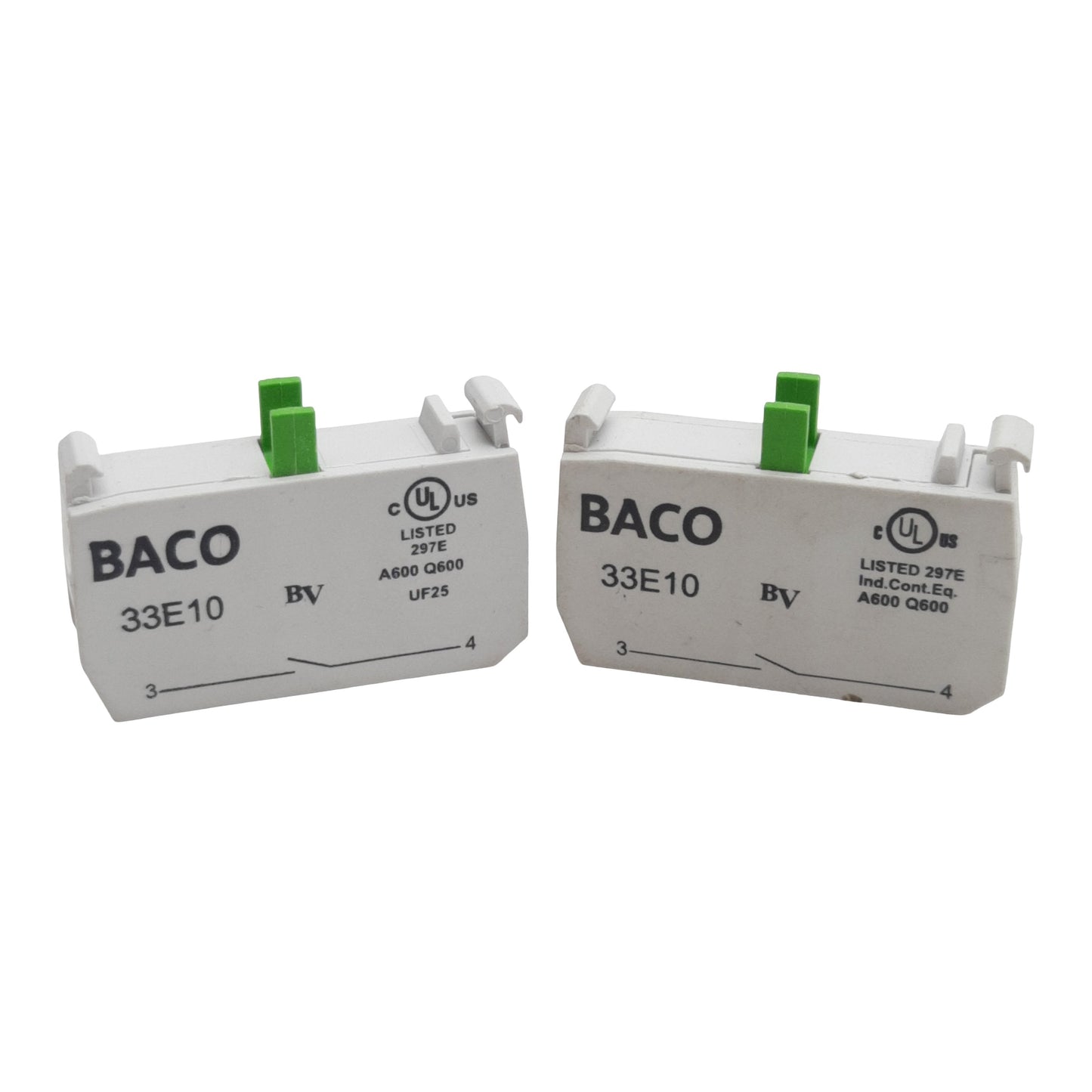 Used Lot of 2 Baco 33E10 Pushbutton Contact Block, 1N.O., 10A 600VAC, 22mm