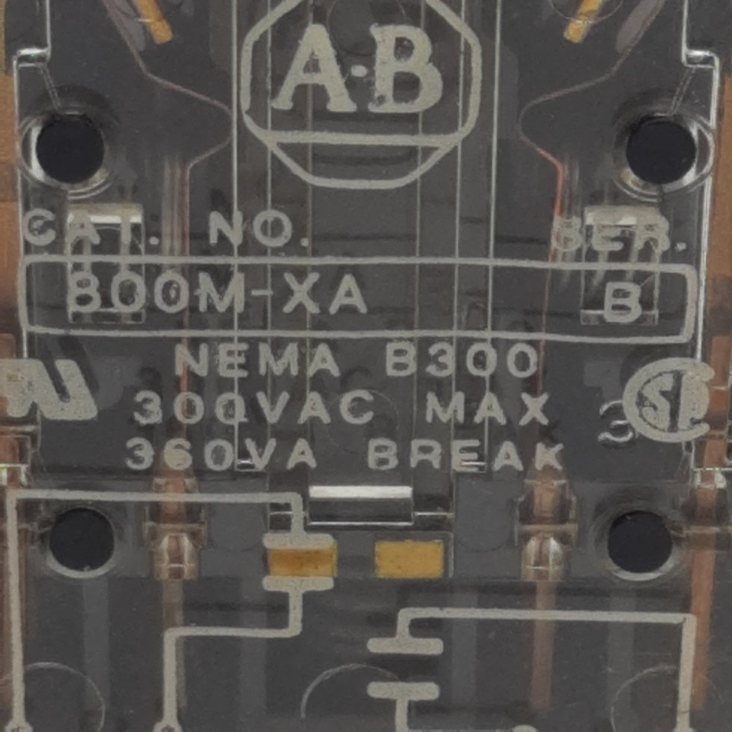 Used Allen Bradley 800M-XA Pushbutton Contact Block, 1NO-1NC, 10A 300VAC, 22mm