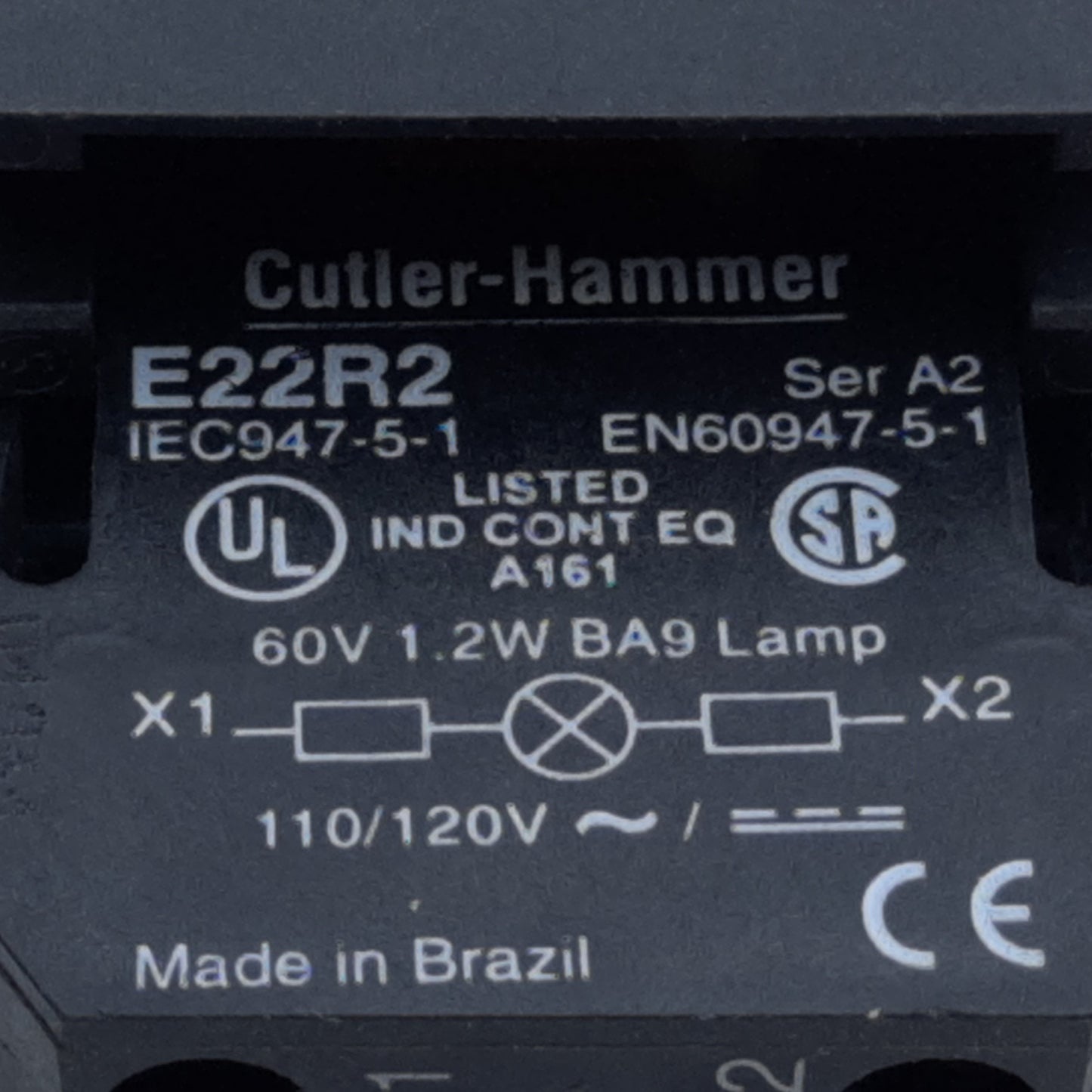 Used Cutler-Hammer E22S62 Illuminated Selector Switch 2-Position 1NO 600VAC *No Bulb*