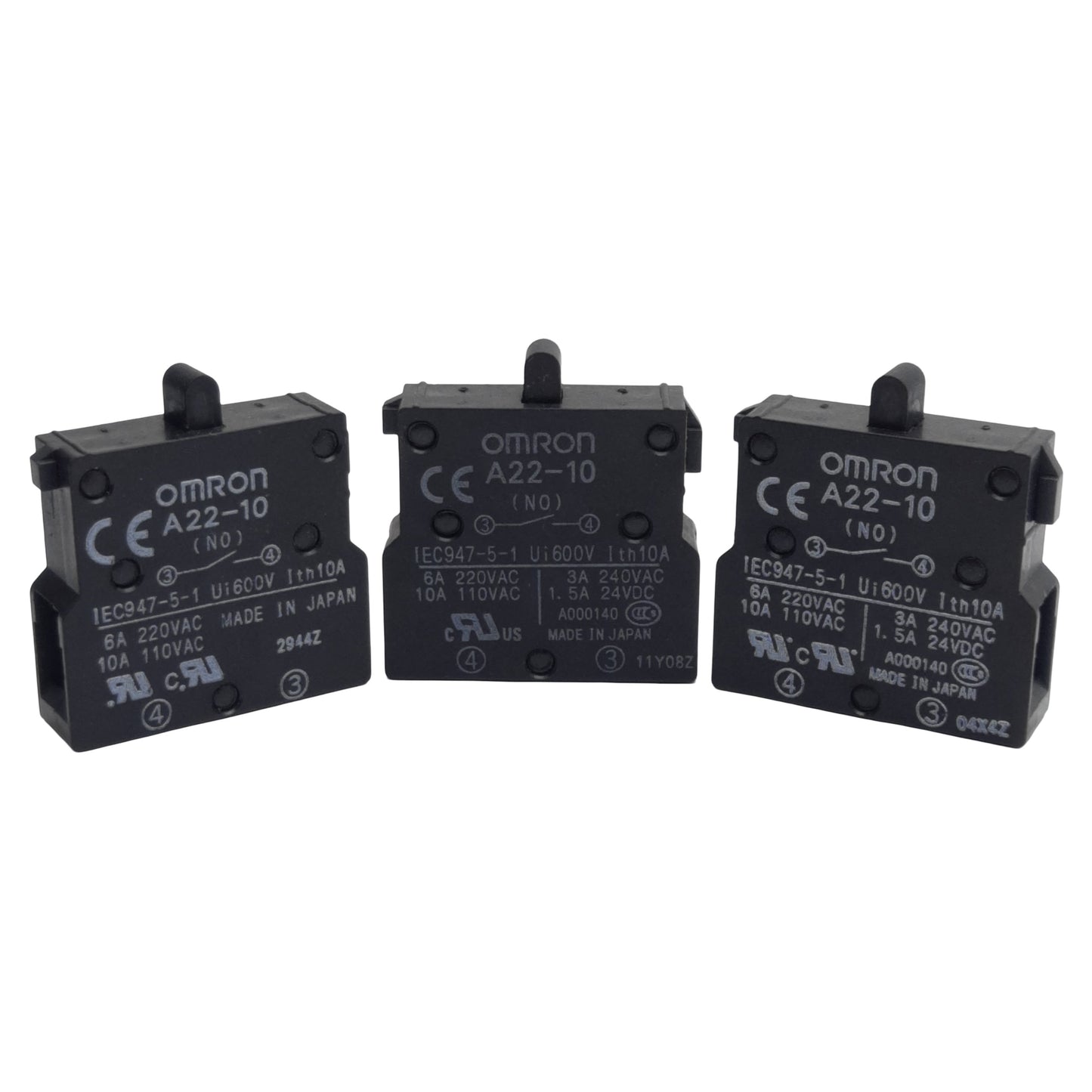 Used Lot of 3 Omron A22-10 Pushbutton Contact Block, SPST-NO, 10A 110VAC, 22mm
