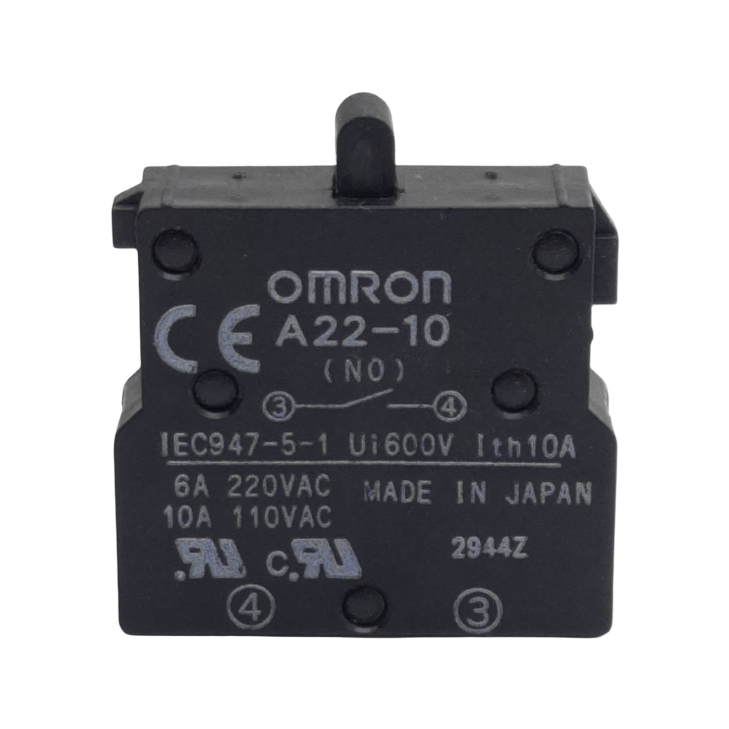 Used Lot of 3 Omron A22-10 Pushbutton Contact Block, SPST-NO, 10A 110VAC, 22mm
