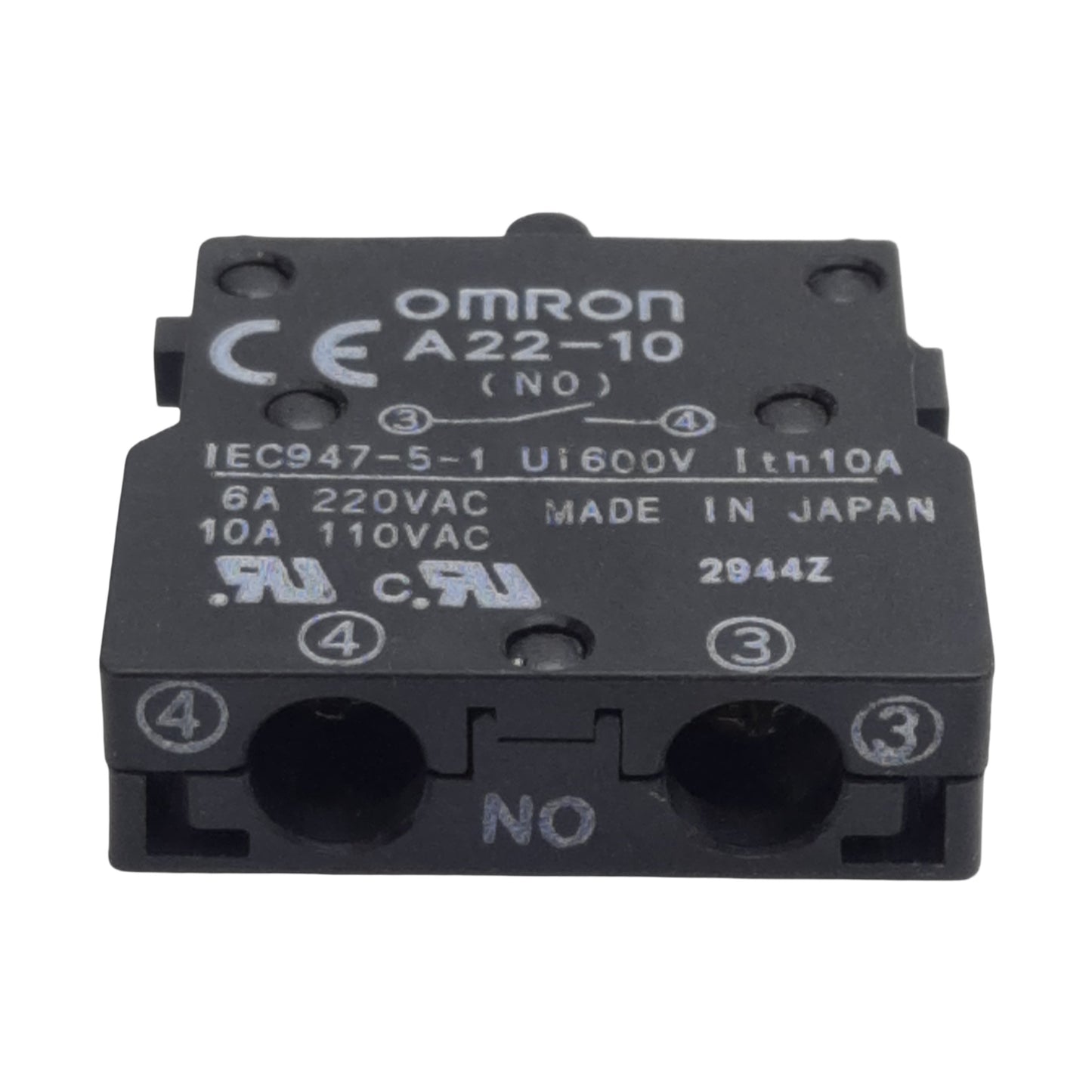 Used Lot of 3 Omron A22-10 Pushbutton Contact Block, SPST-NO, 10A 110VAC, 22mm