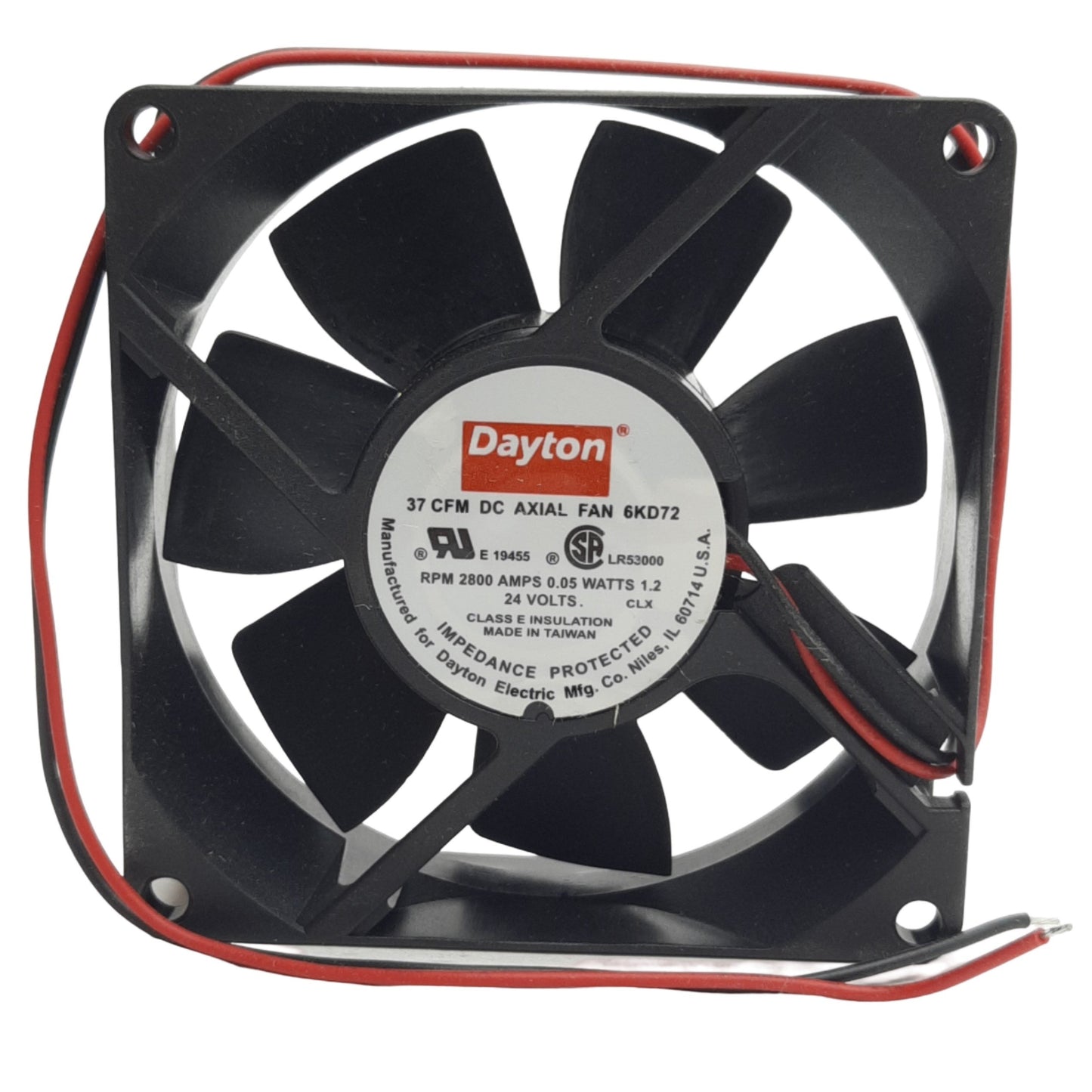New Dayton 6KD72 DC Axial Fan 37CFM Air Delivery, 2800RPM, 24VDC, 0.05A, ø0.169in