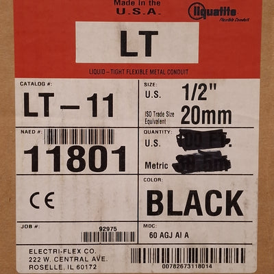 New – Open box Liquatite LT-11 Liquid Tight Conduit, Black PVC, ø0.625in ID, ø0.830 OD, 20ft