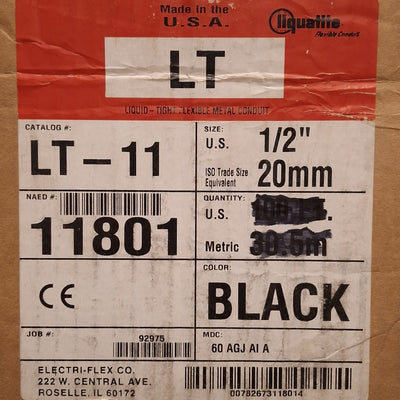 New – Open box Liquatite LT-11 Liquid Tight Conduit, Black PVC, ø0.625in ID, ø0.830 OD, 40ft